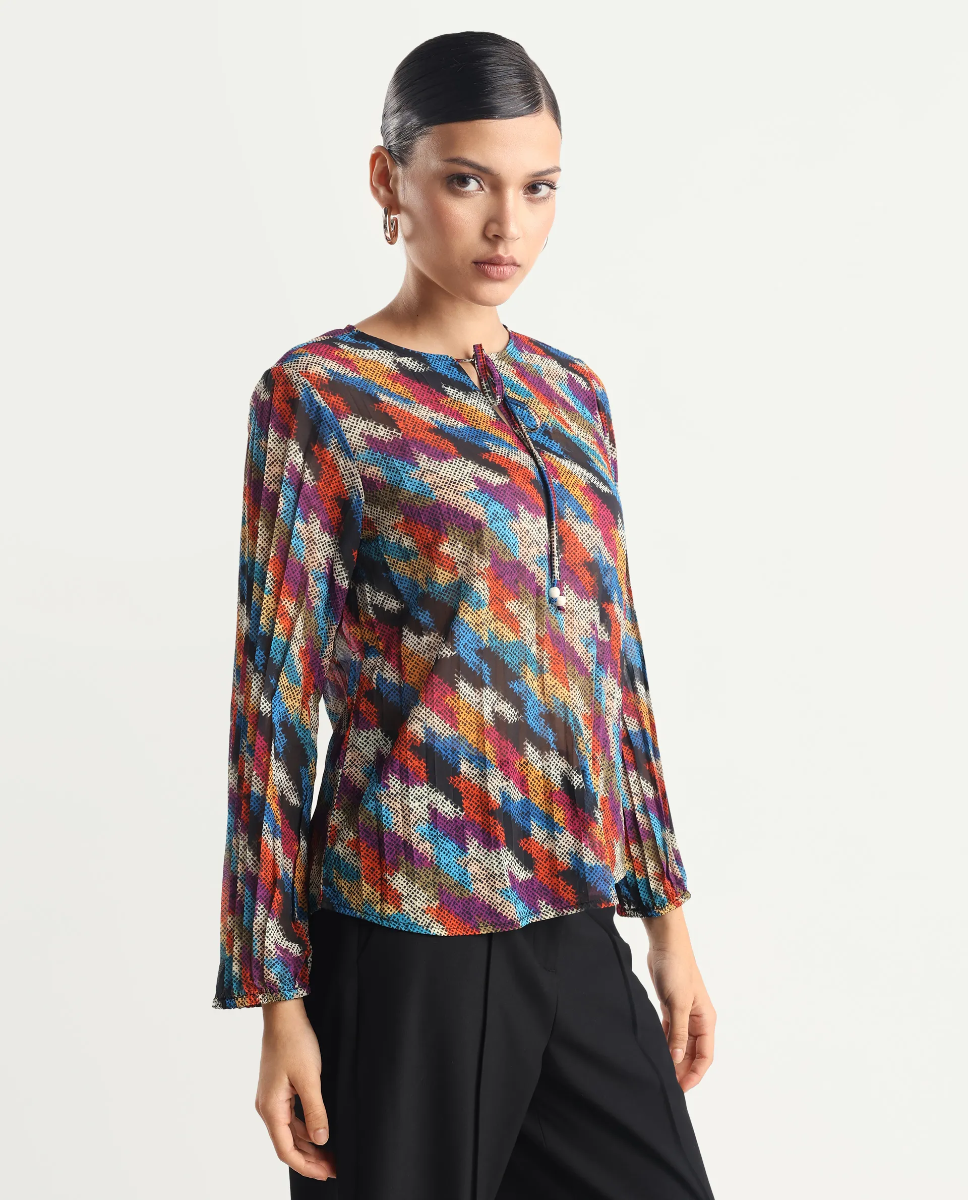 Rareism Women's Scooby Multi Polyester Tie-Up Neck Abstract Print Relaxed Fit Top - Image 4