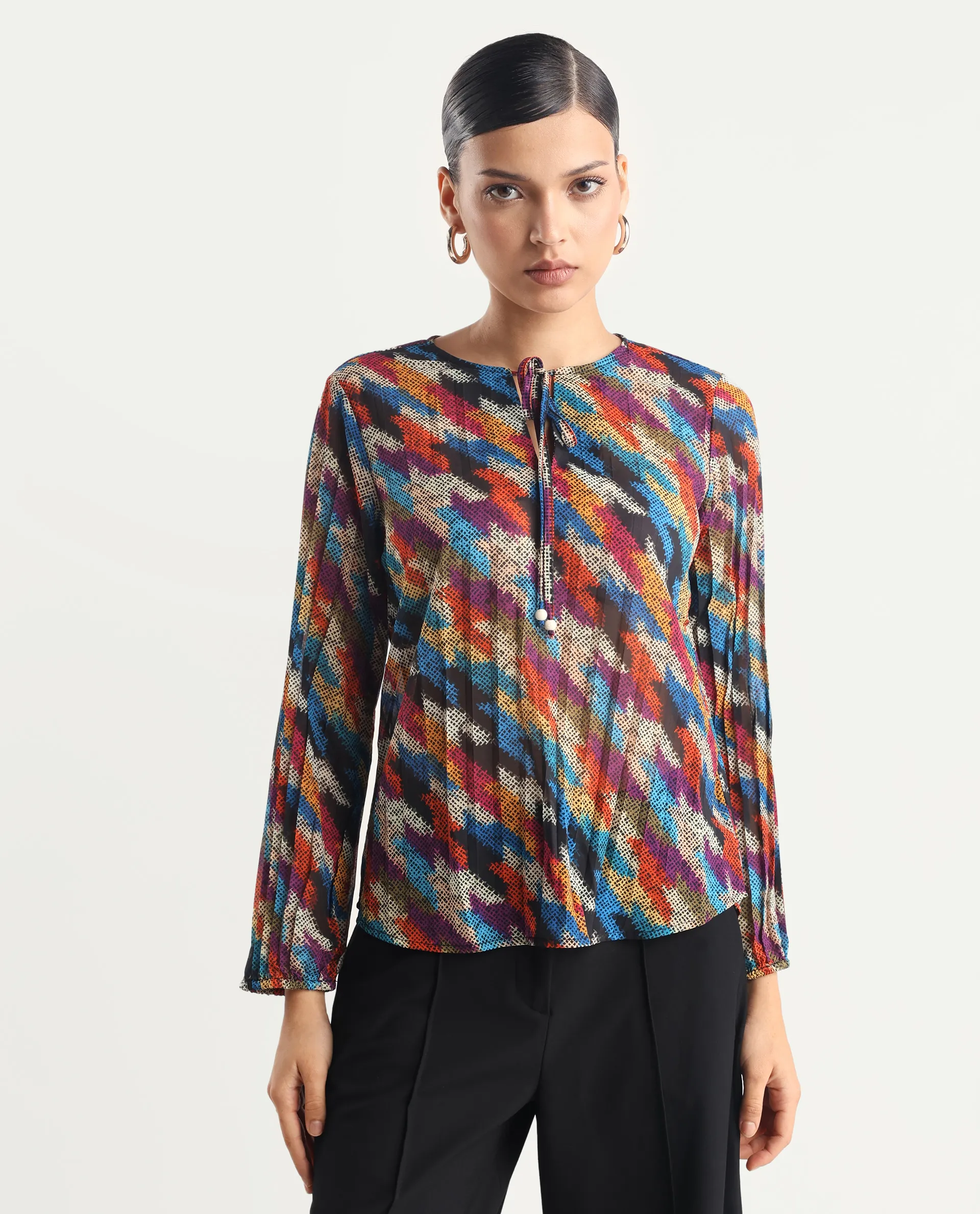 Rareism Women's Scooby Multi Polyester Tie-Up Neck Abstract Print Relaxed Fit Top - Image 5