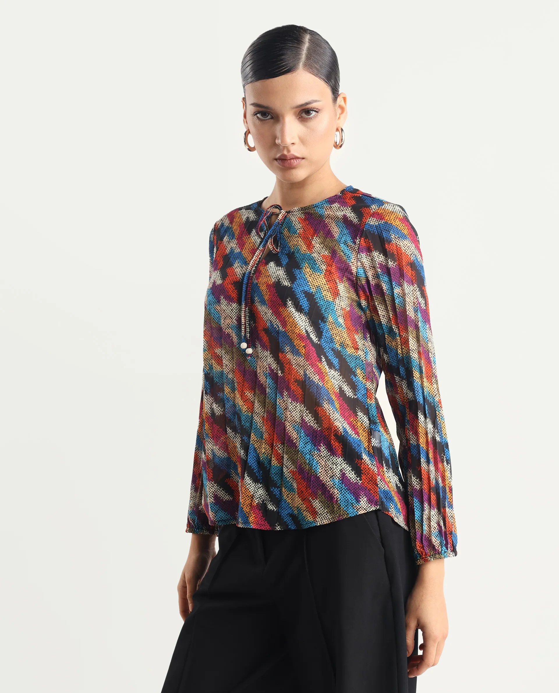 Rareism Women's Scooby Multi Polyester Tie-Up Neck Abstract Print Relaxed Fit Top - Image 6