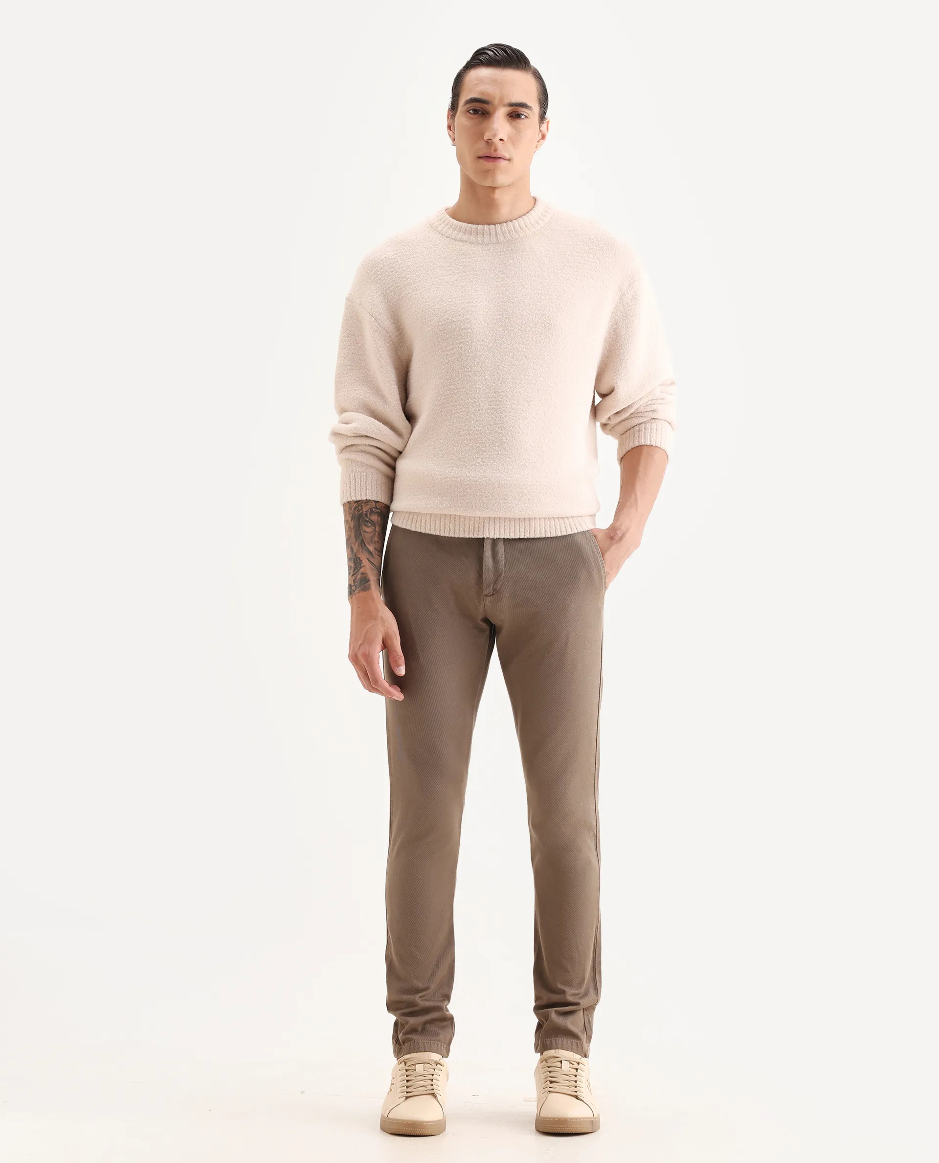 Rare Rabbit Men's Scotch Beige Cotton Plain Slim Fit Trouser - Image 4