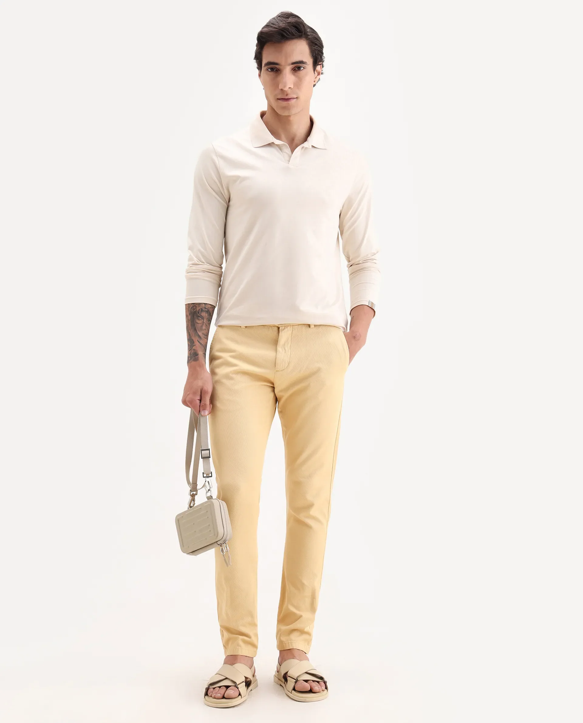 Rare Rabbit Men's Scotch Yellow Cotton Plain Slim Fit Trouser