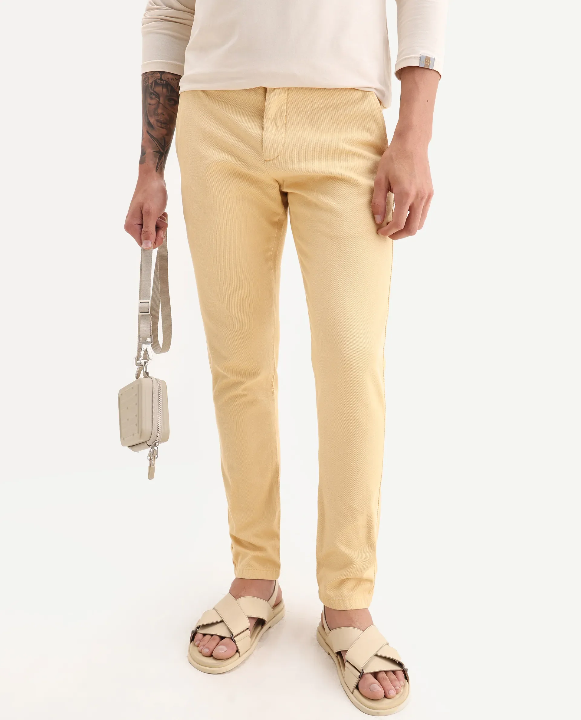 Rare Rabbit Men's Scotch Yellow Cotton Plain Slim Fit Trouser - Image 2