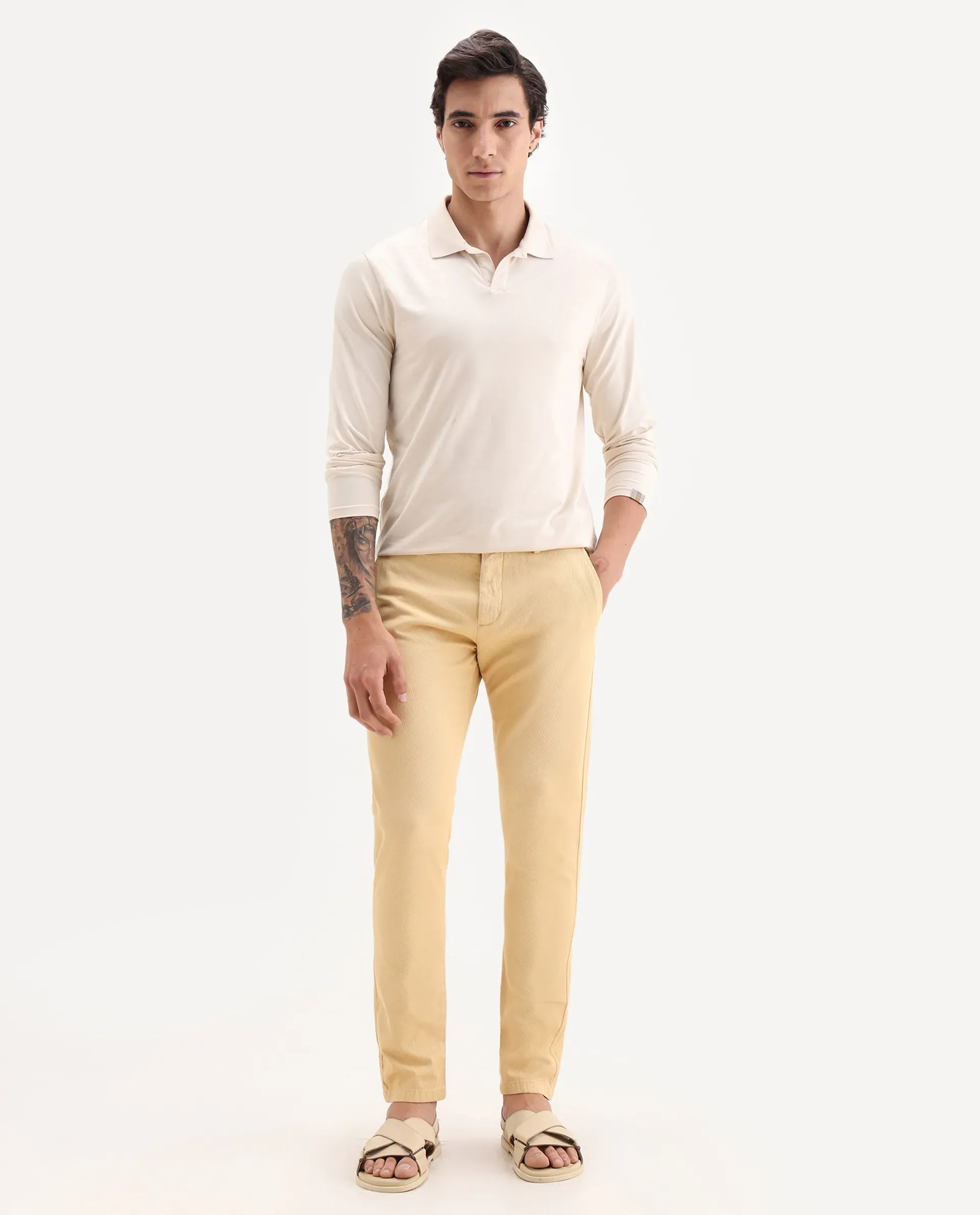 Rare Rabbit Men's Scotch Yellow Cotton Plain Slim Fit Trouser - Image 4
