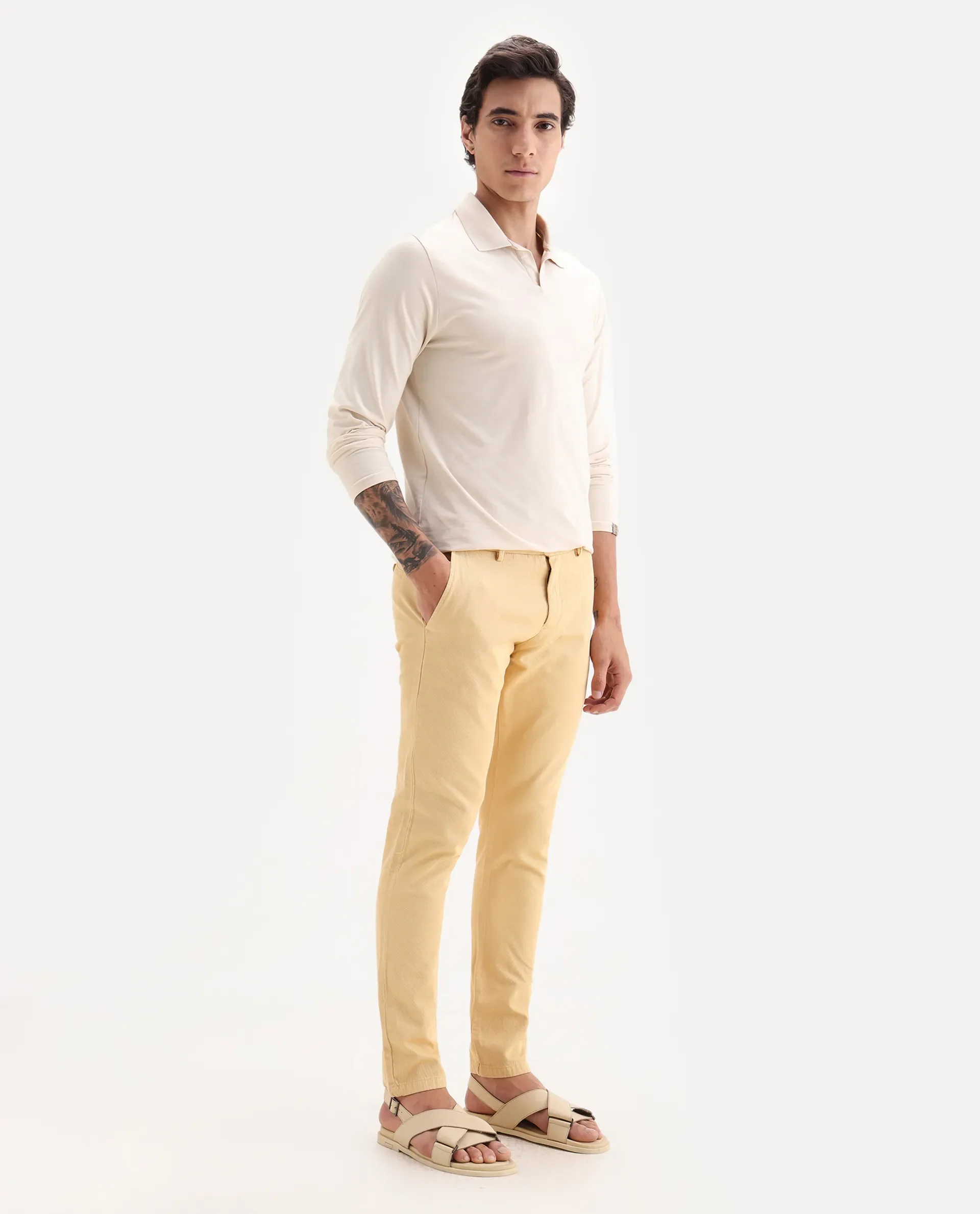 Rare Rabbit Men's Scotch Yellow Cotton Plain Slim Fit Trouser - Image 5