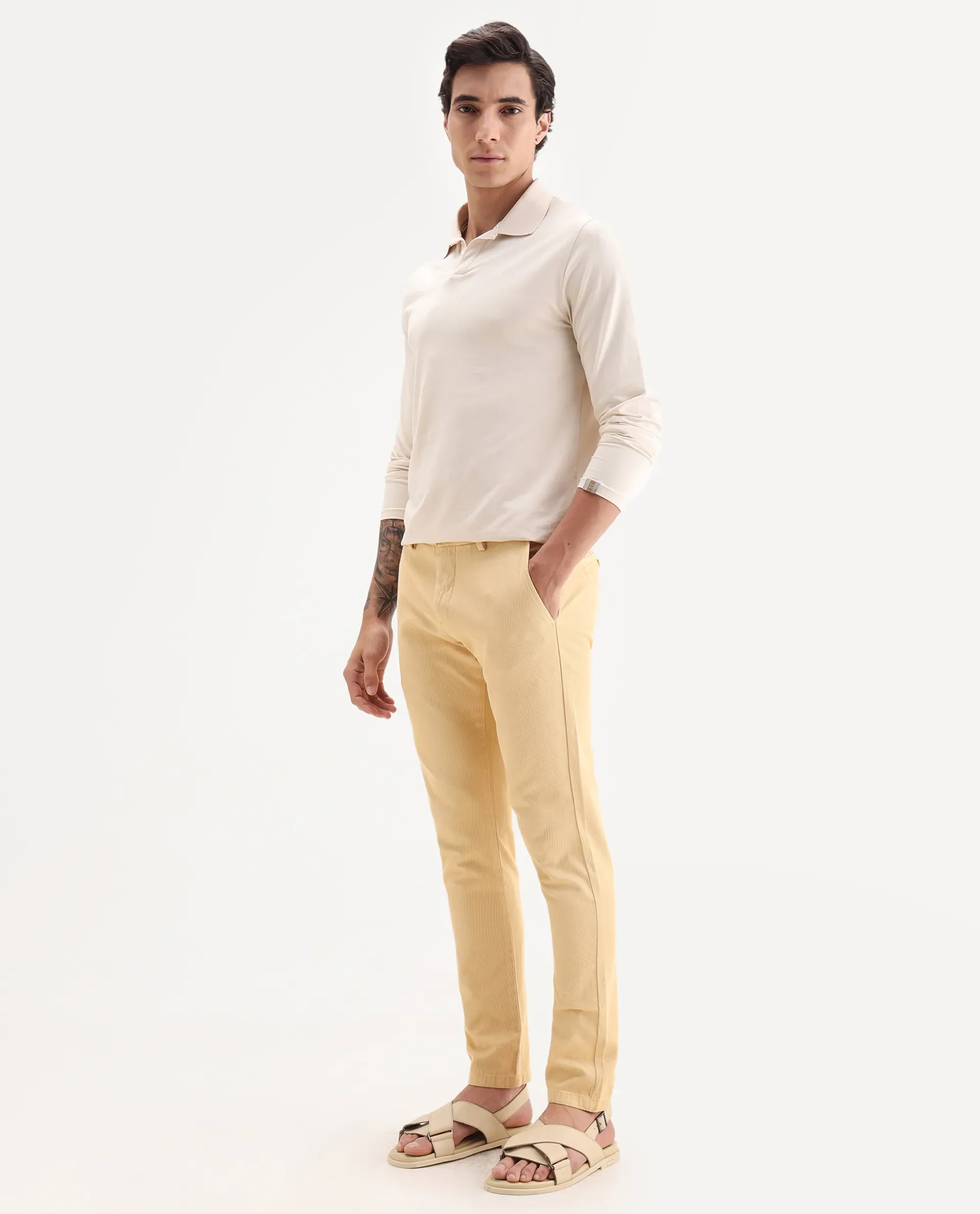 Rare Rabbit Men's Scotch Yellow Cotton Plain Slim Fit Trouser - Image 6