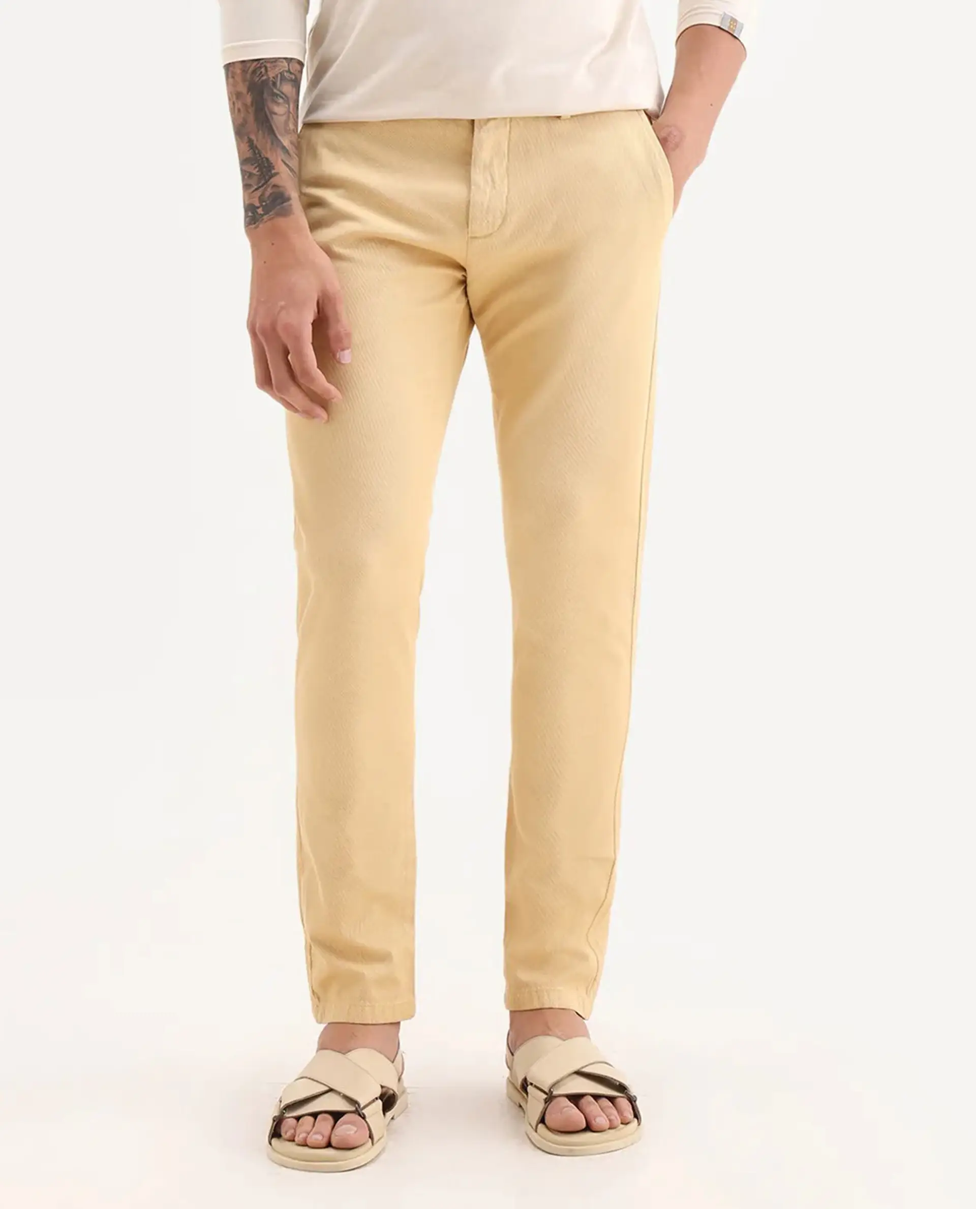 Rare Rabbit Men's Scotch Yellow Cotton Plain Slim Fit Trouser - Image 9