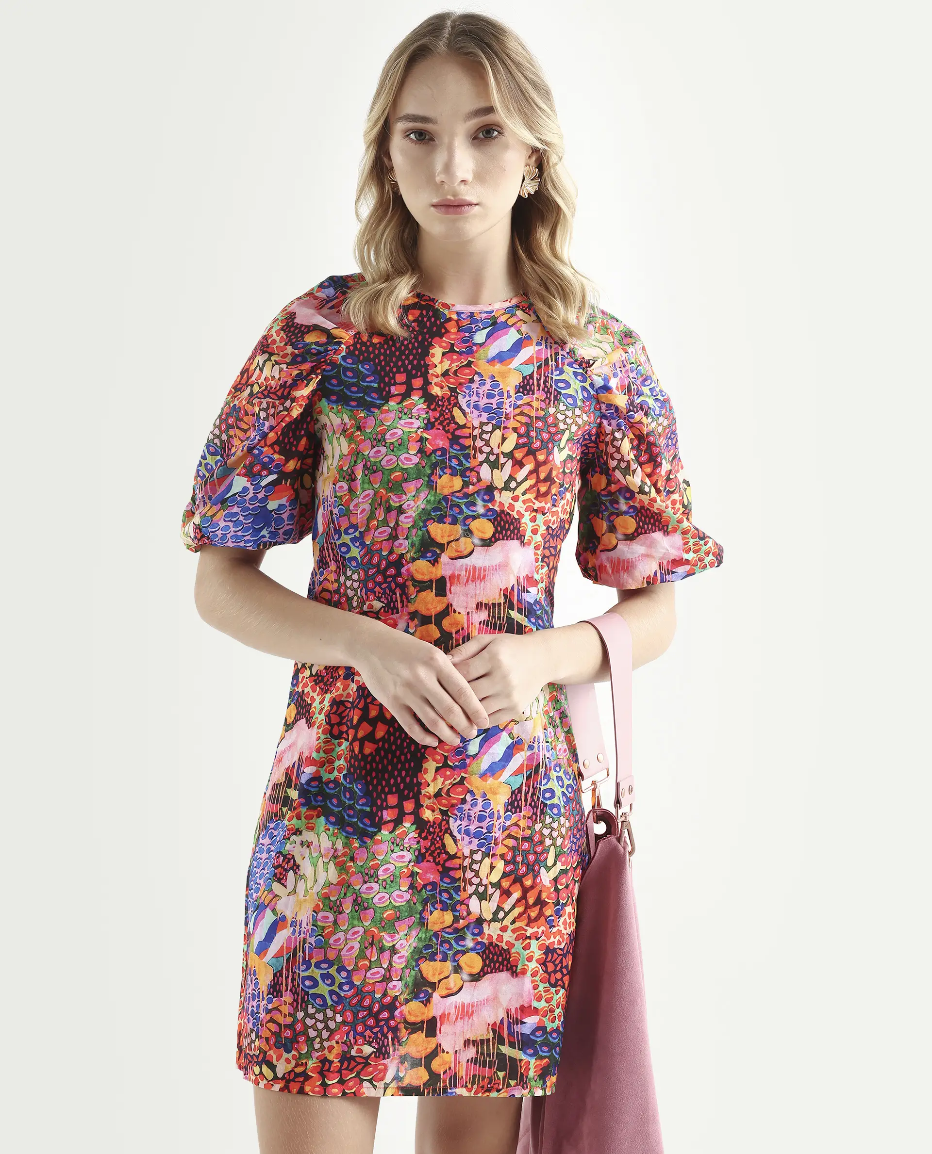 Rareism Women's Scott Multi Cotton Crew Neck Floral Print Puff Sleeves Mini Slim Fit Dress