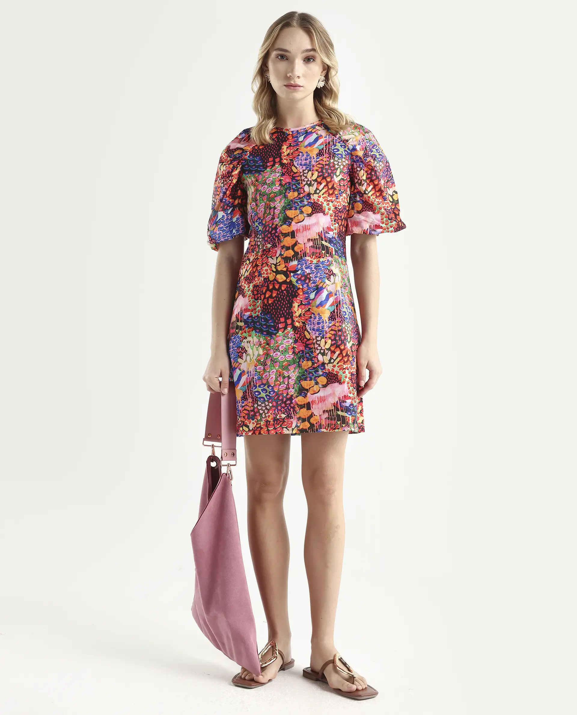 Rareism Women's Scott Multi Cotton Crew Neck Floral Print Puff Sleeves Mini Slim Fit Dress - Image 2