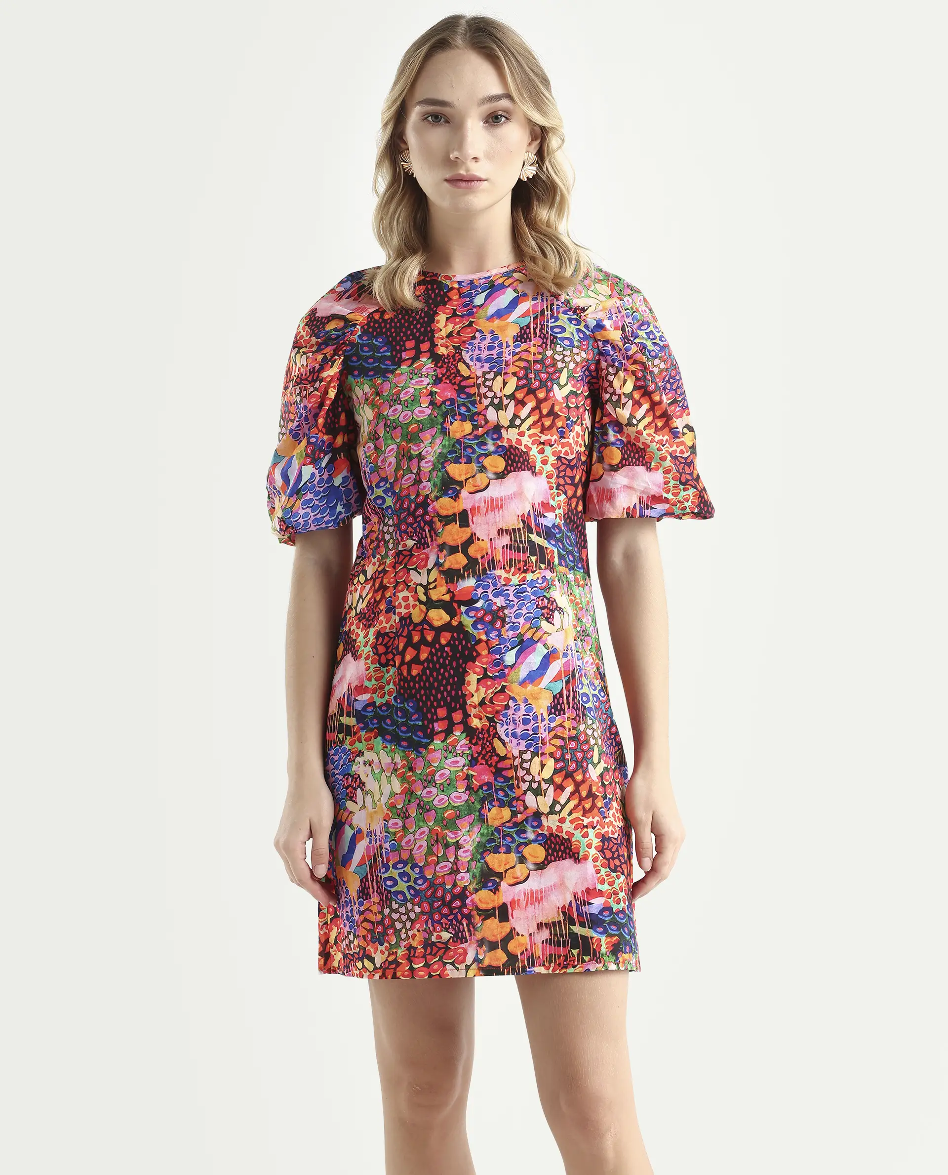 Rareism Women's Scott Multi Cotton Crew Neck Floral Print Puff Sleeves Mini Slim Fit Dress - Image 3