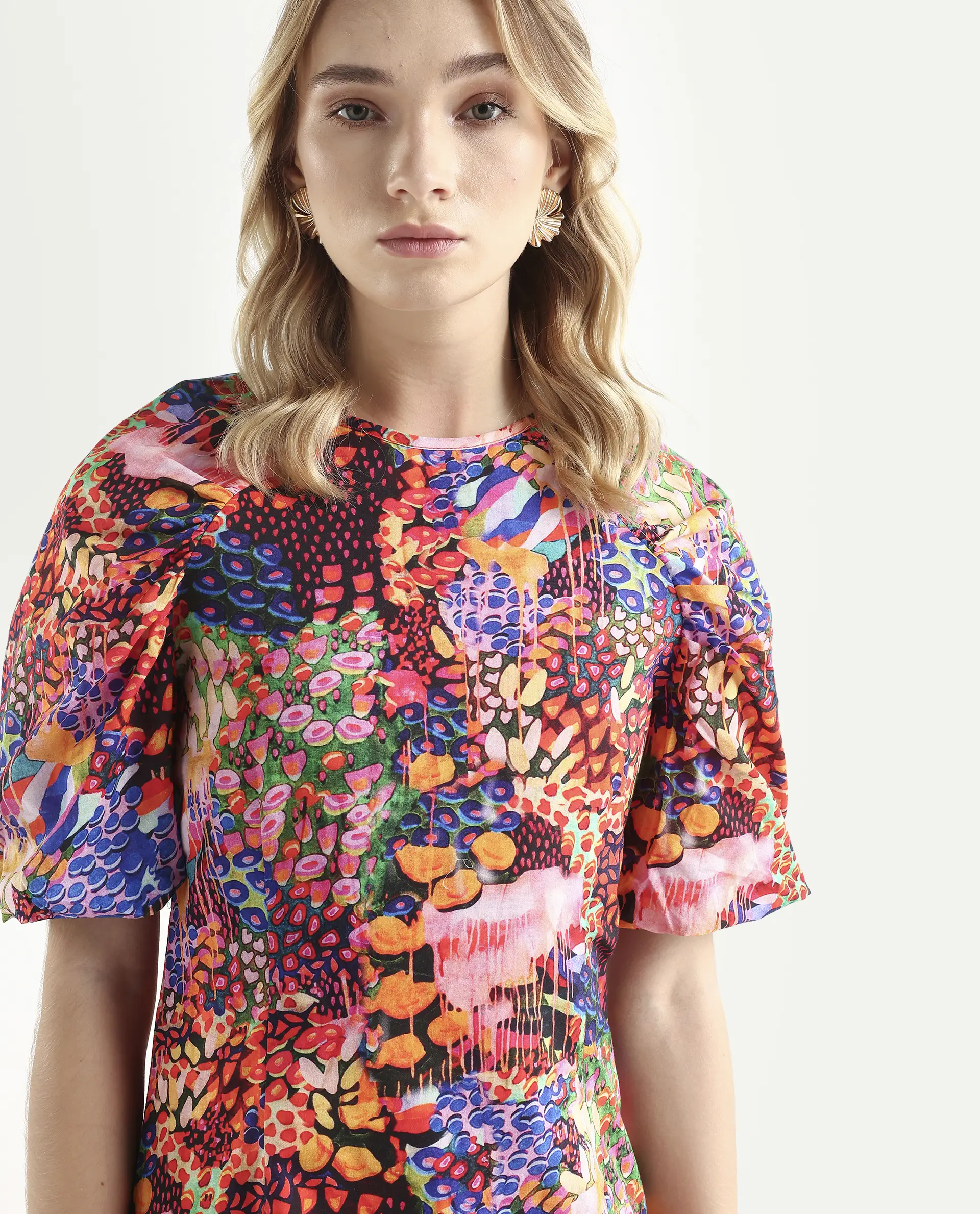 Rareism Women's Scott Multi Cotton Crew Neck Floral Print Puff Sleeves Mini Slim Fit Dress - Image 4