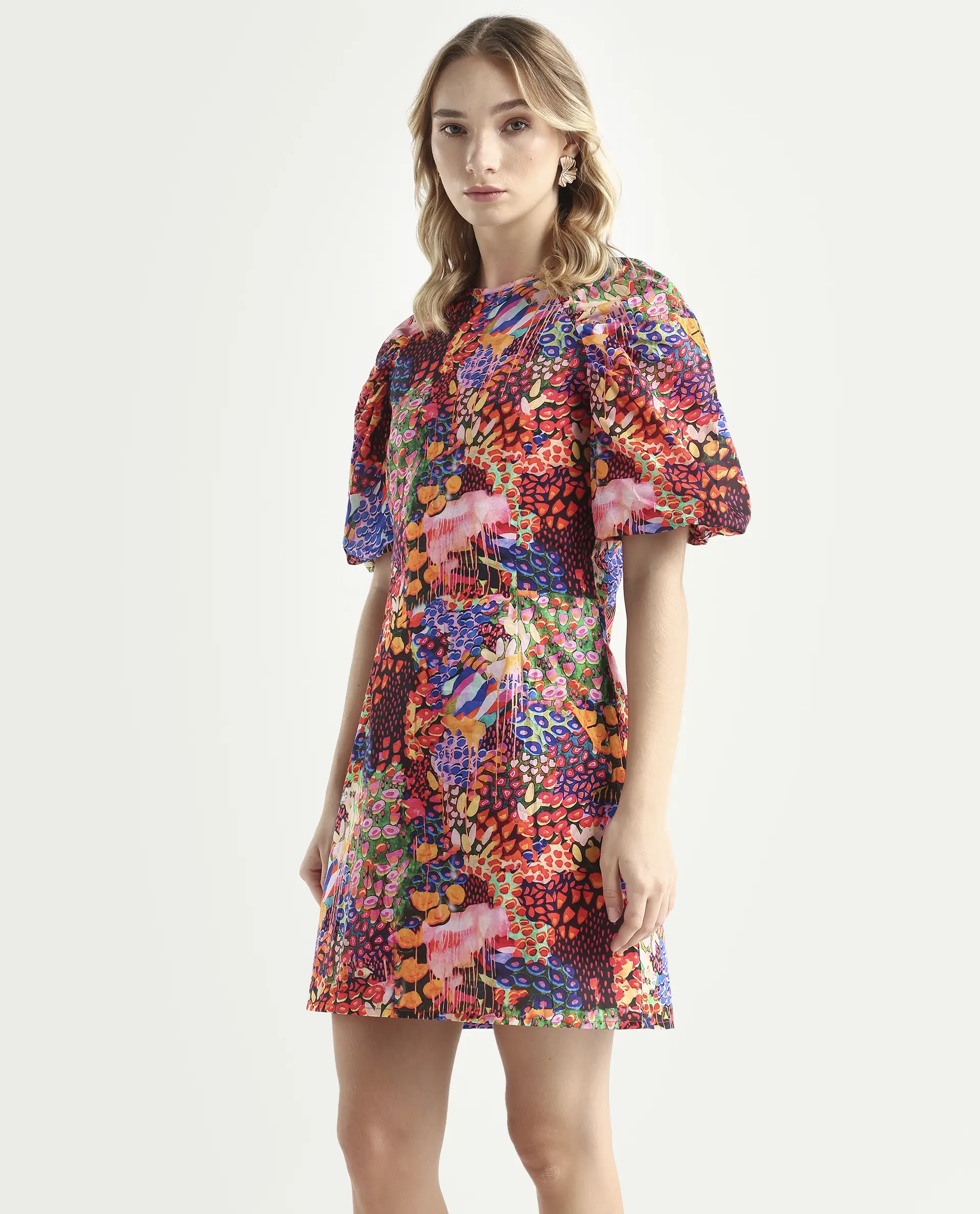 Rareism Women's Scott Multi Cotton Crew Neck Floral Print Puff Sleeves Mini Slim Fit Dress - Image 5