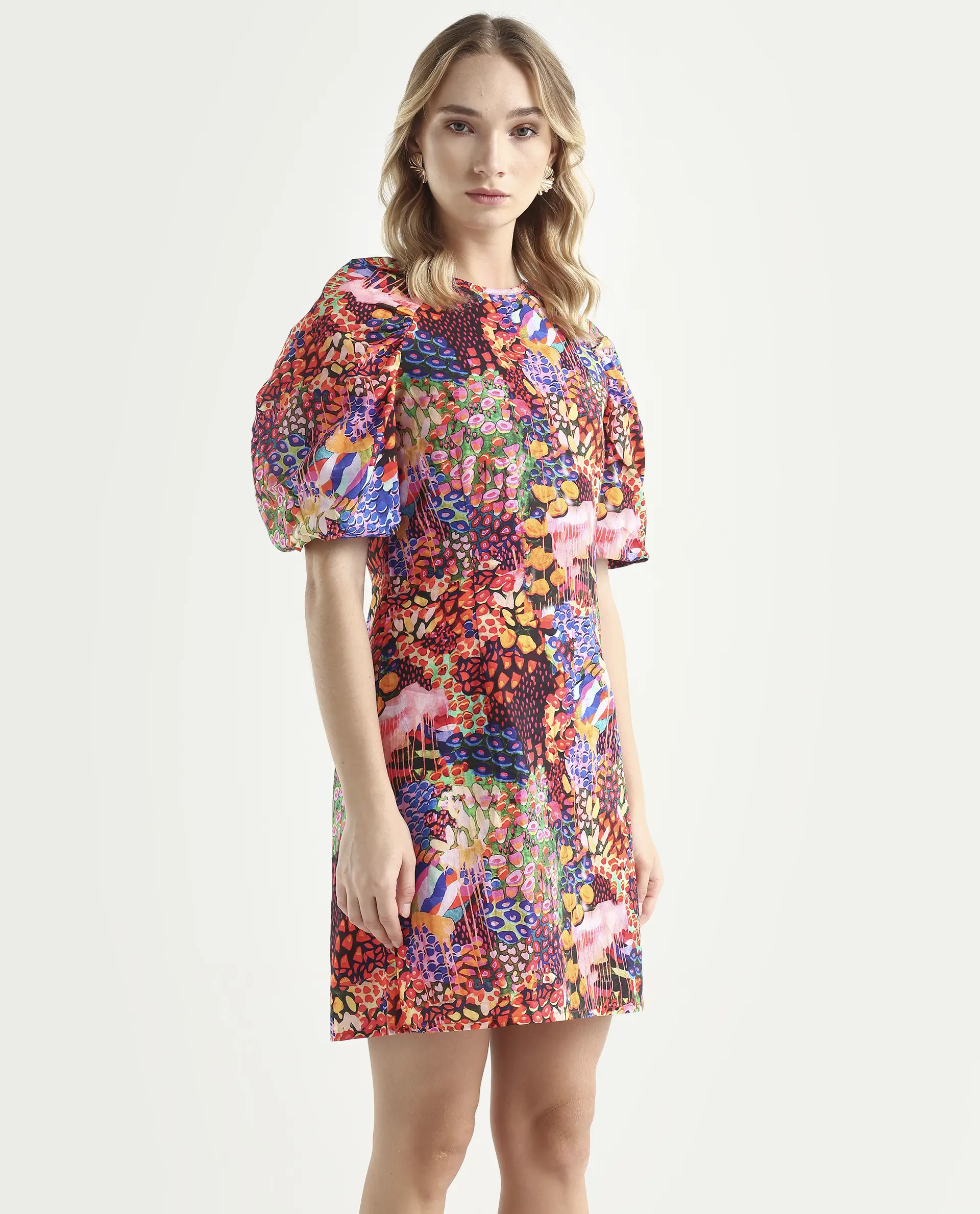 Rareism Women's Scott Multi Cotton Crew Neck Floral Print Puff Sleeves Mini Slim Fit Dress - Image 6