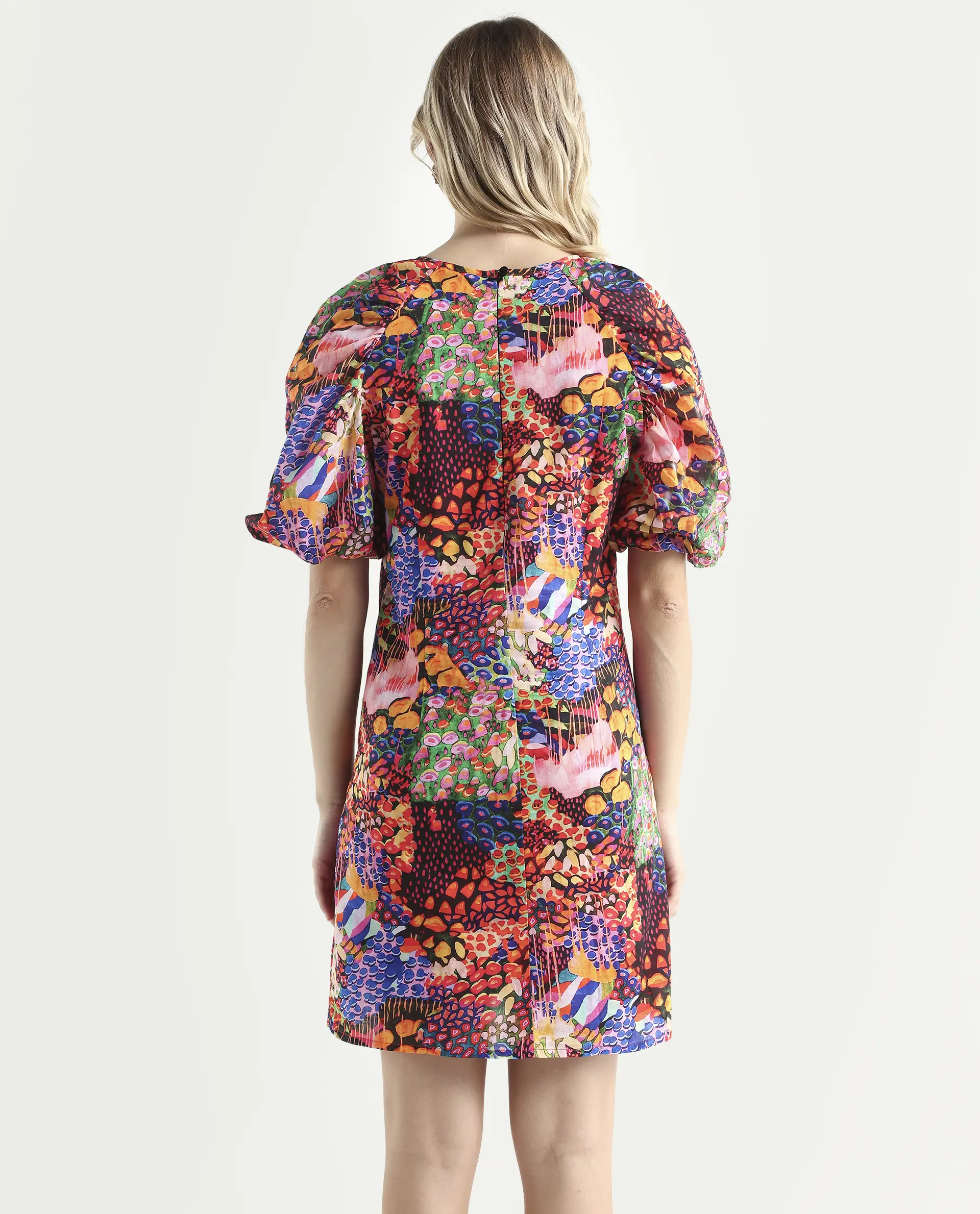 Rareism Women's Scott Multi Cotton Crew Neck Floral Print Puff Sleeves Mini Slim Fit Dress - Image 7