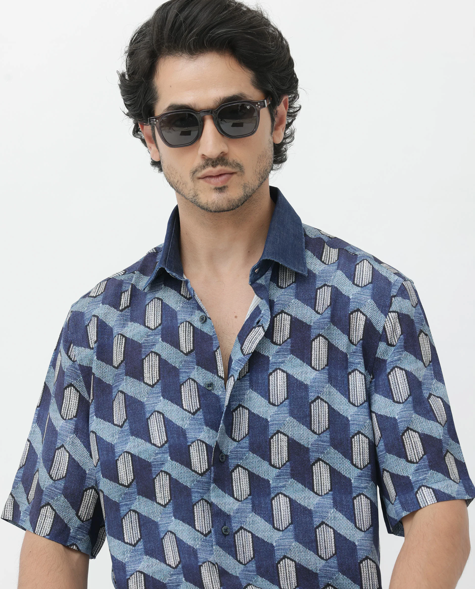 Rare Rabbit Men's Scrafi Dark Blue Viscose Geometric Print Boxy Fit Half Sleeve Collared Shirt - Image 10
