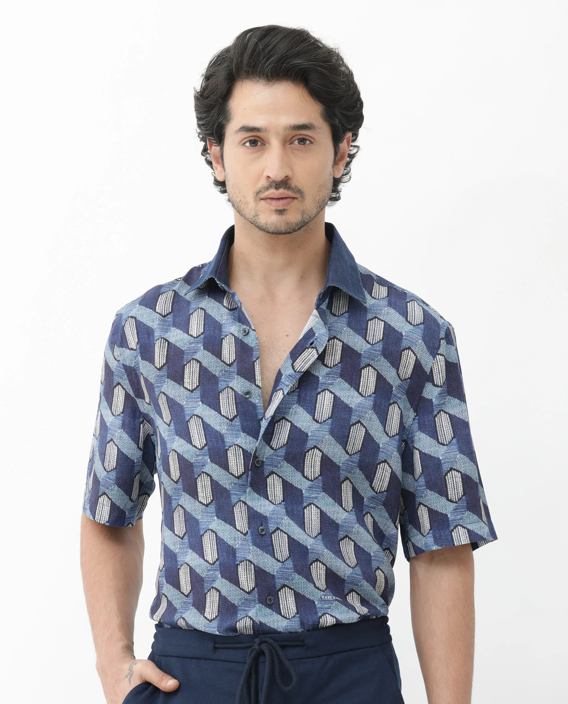 Rare Rabbit Men's Scrafi Dark Blue Viscose Geometric Print Boxy Fit Half Sleeve Collared Shirt - Image 2