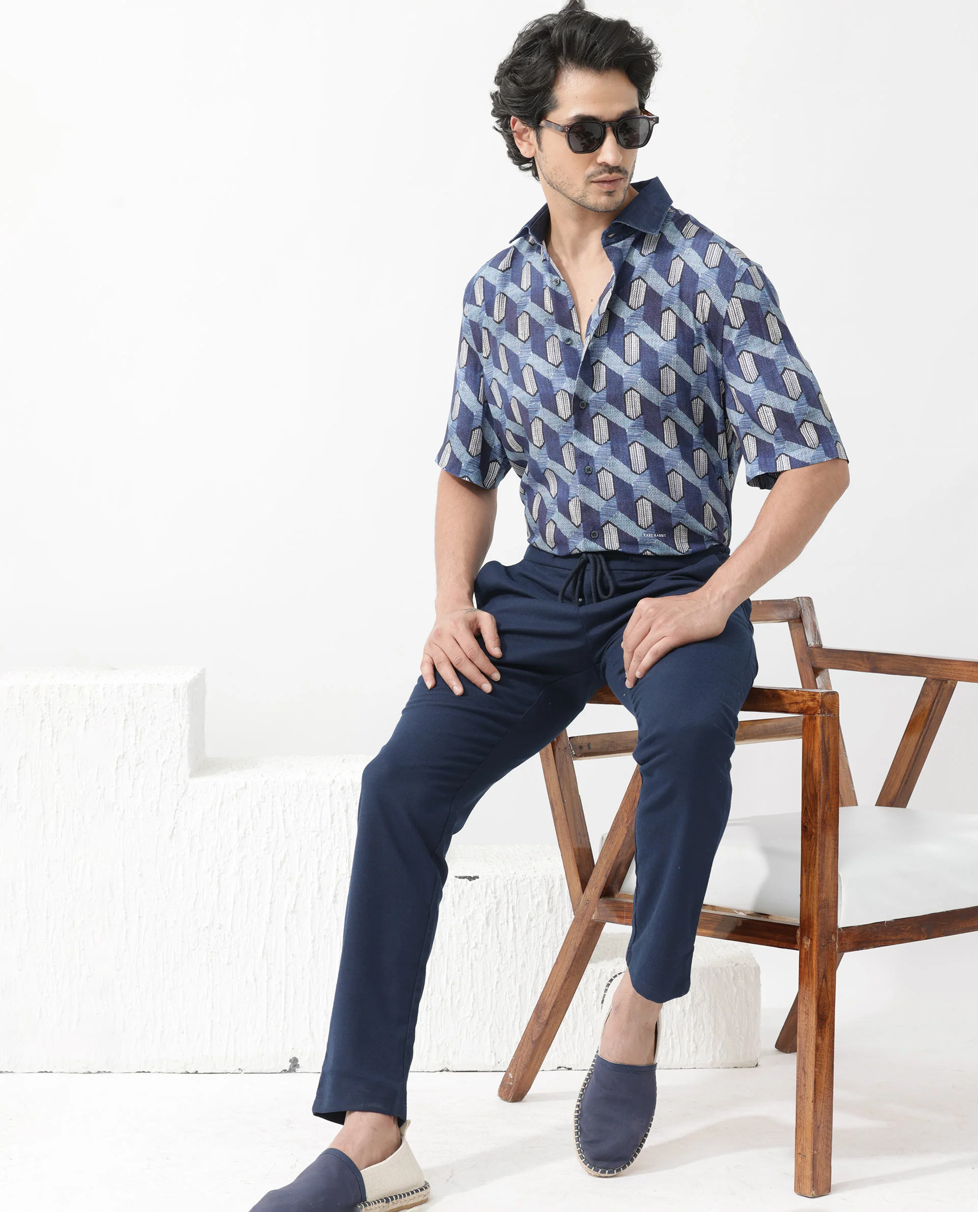 Rare Rabbit Men's Scrafi Dark Blue Viscose Geometric Print Boxy Fit Half Sleeve Collared Shirt - Image 3