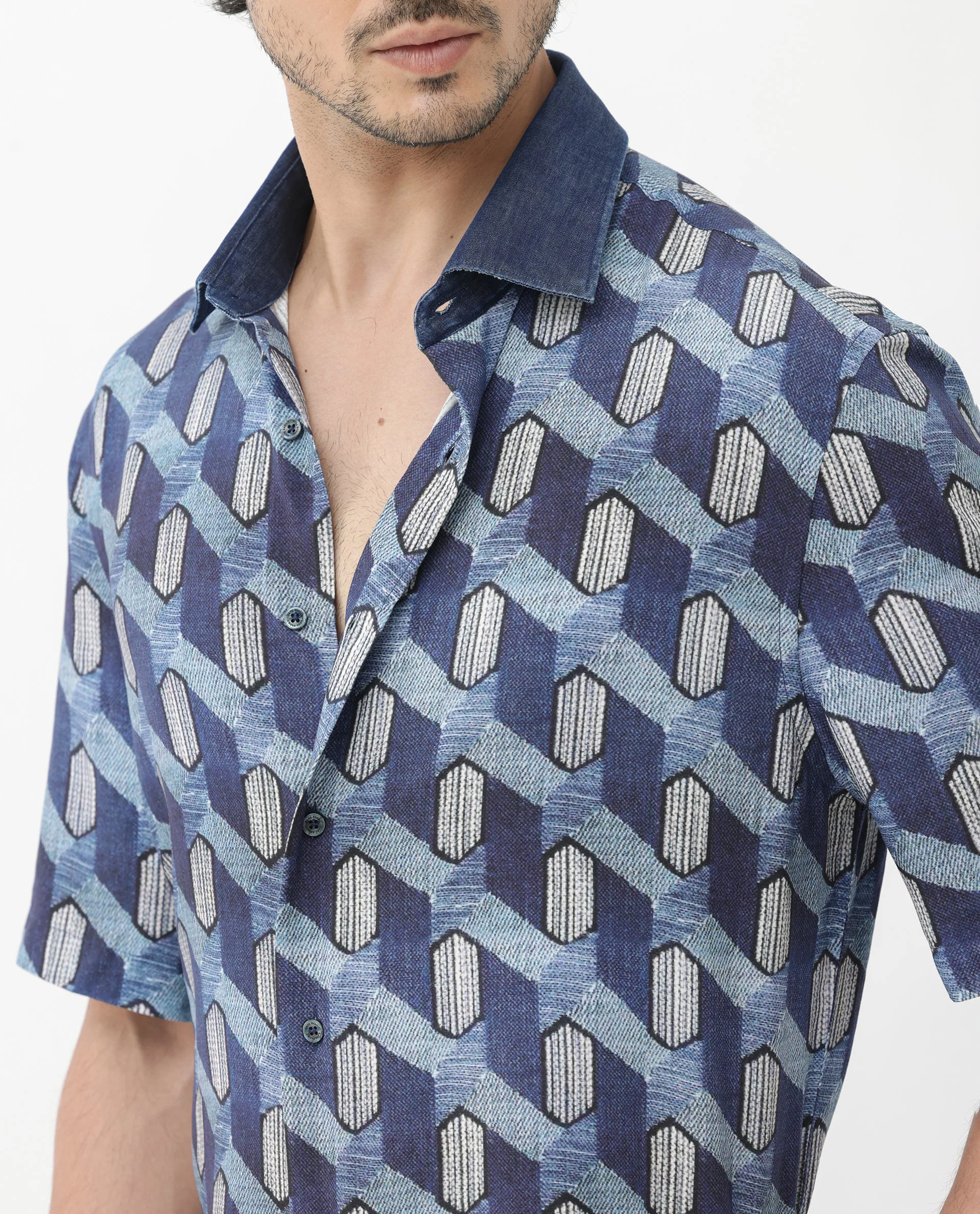 Rare Rabbit Men's Scrafi Dark Blue Viscose Geometric Print Boxy Fit Half Sleeve Collared Shirt - Image 4