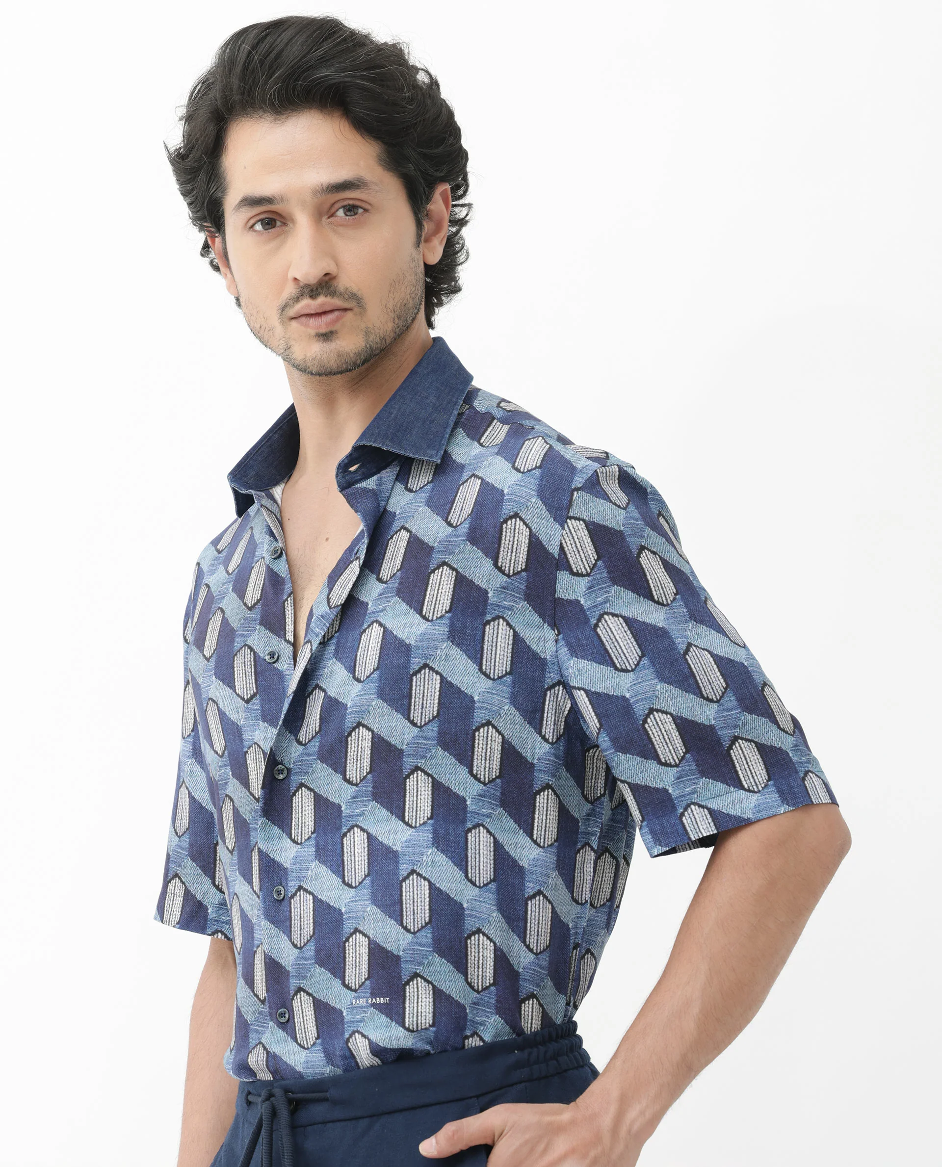 Rare Rabbit Men's Scrafi Dark Blue Viscose Geometric Print Boxy Fit Half Sleeve Collared Shirt - Image 5