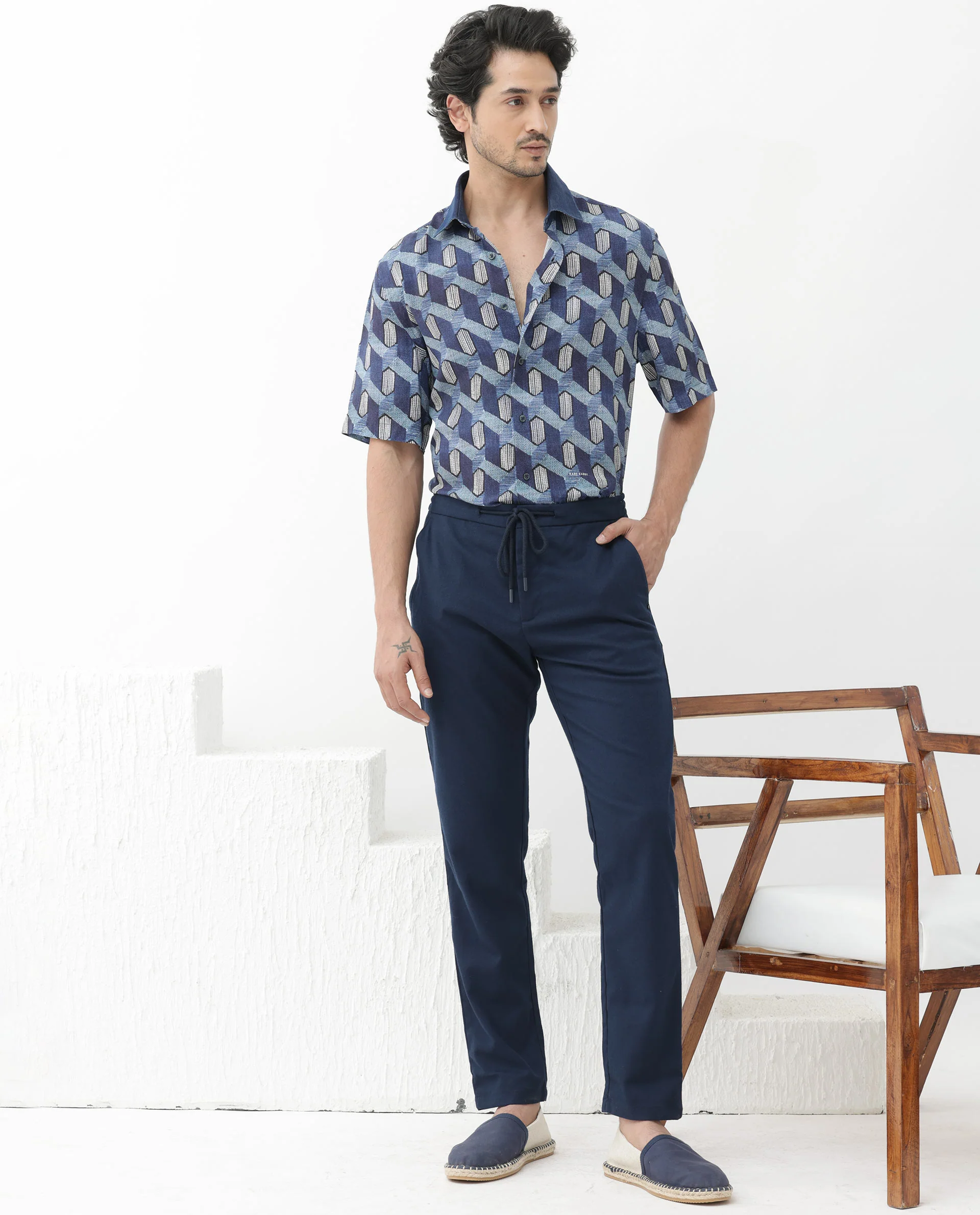 Rare Rabbit Men's Scrafi Dark Blue Viscose Geometric Print Boxy Fit Half Sleeve Collared Shirt - Image 6