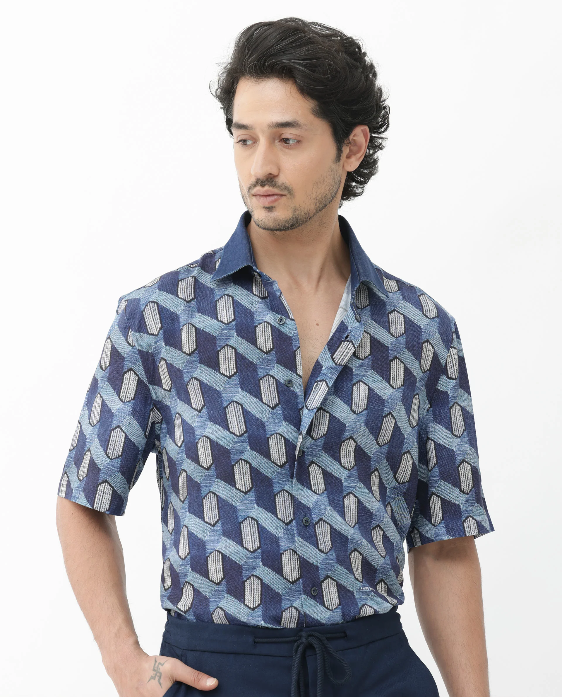 Rare Rabbit Men's Scrafi Dark Blue Viscose Geometric Print Boxy Fit Half Sleeve Collared Shirt - Image 7