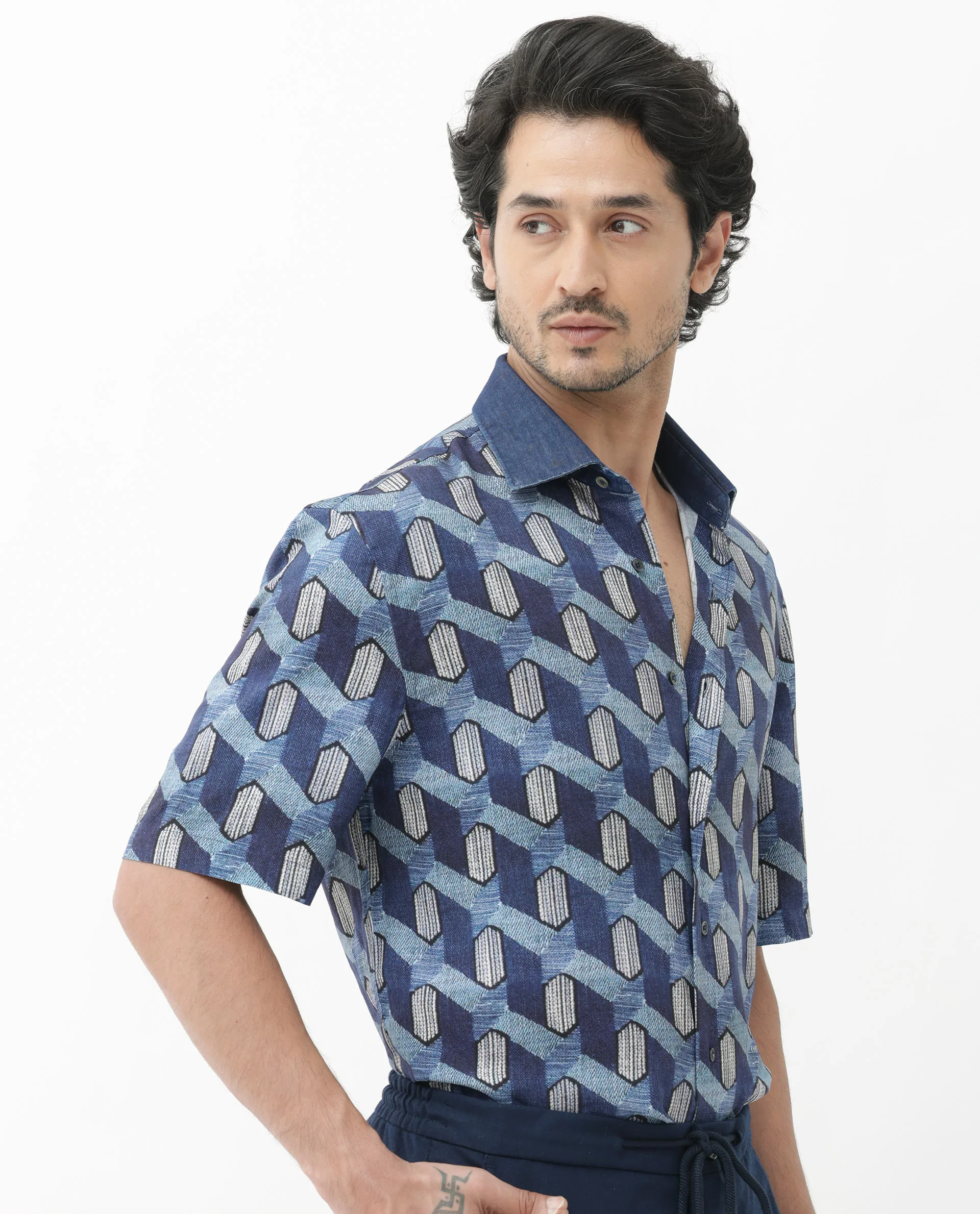 Rare Rabbit Men's Scrafi Dark Blue Viscose Geometric Print Boxy Fit Half Sleeve Collared Shirt - Image 8