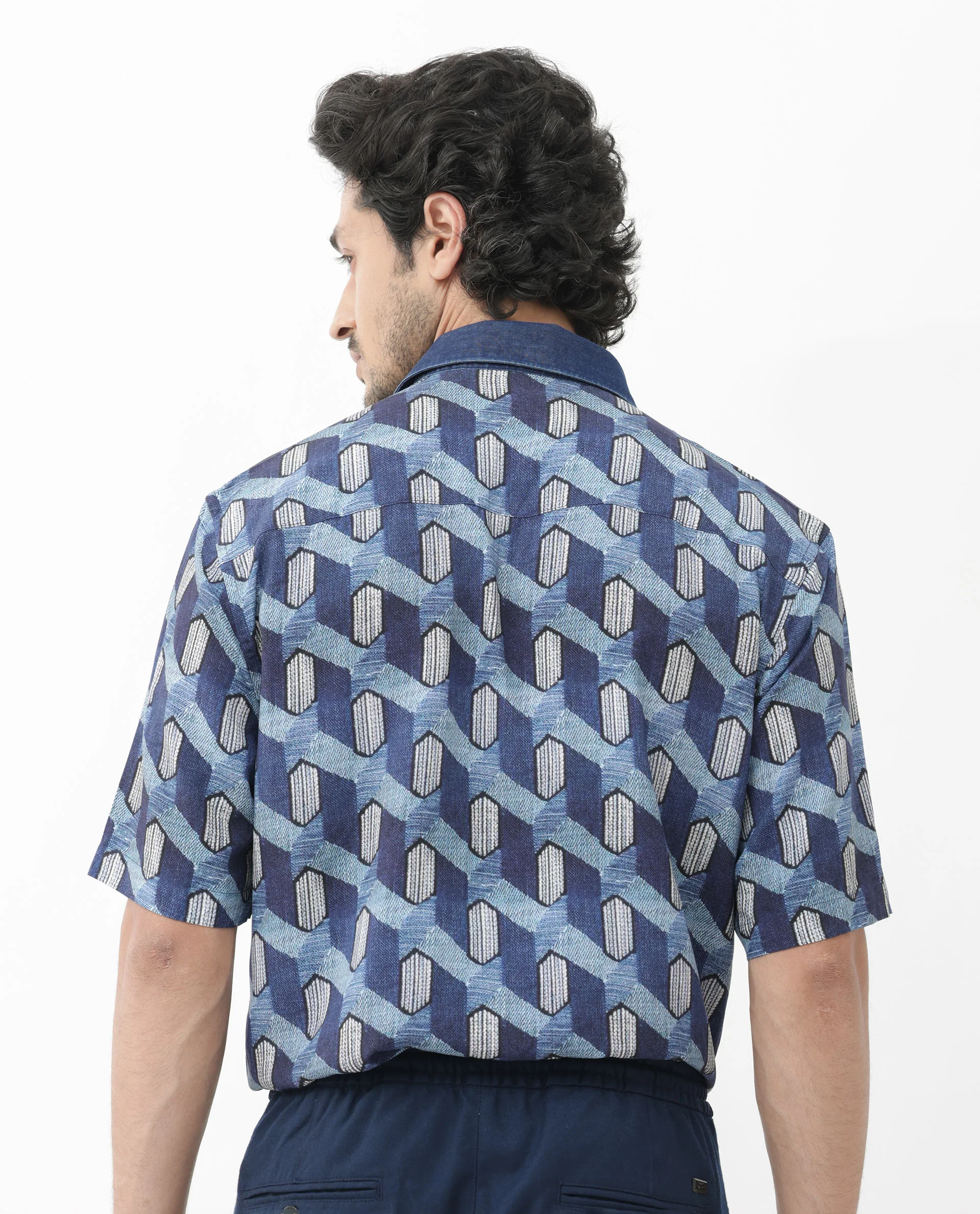 Rare Rabbit Men's Scrafi Dark Blue Viscose Geometric Print Boxy Fit Half Sleeve Collared Shirt - Image 9