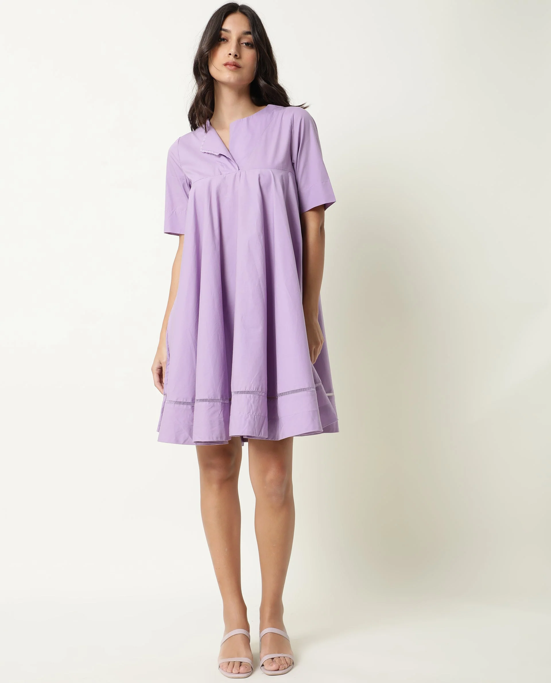 Rareism Women's Scream Purple Cotton Sweetheart Neck Plain Knee Length Flared Dress - Image 2