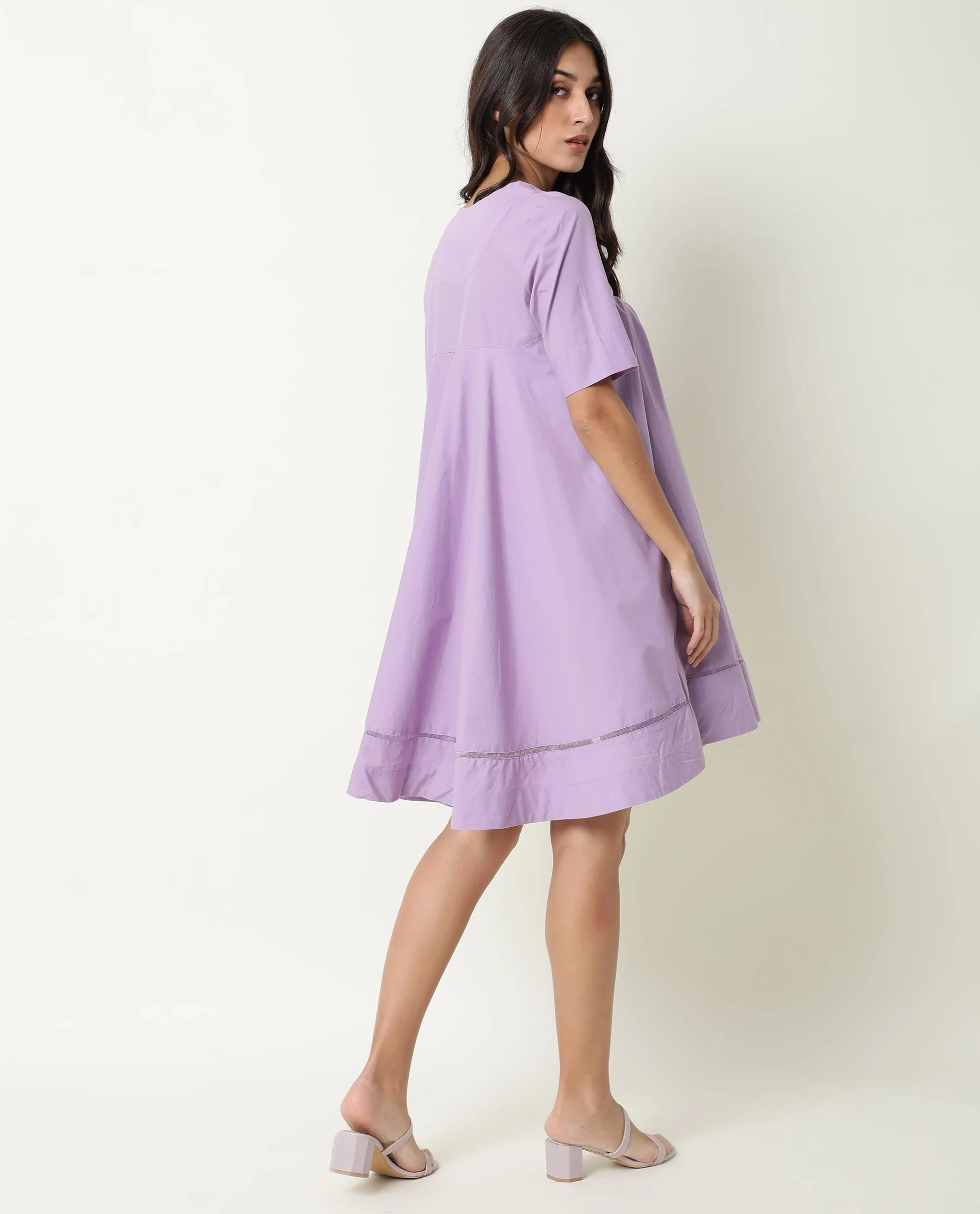 Rareism Women's Scream Purple Cotton Sweetheart Neck Plain Knee Length Flared Dress - Image 5