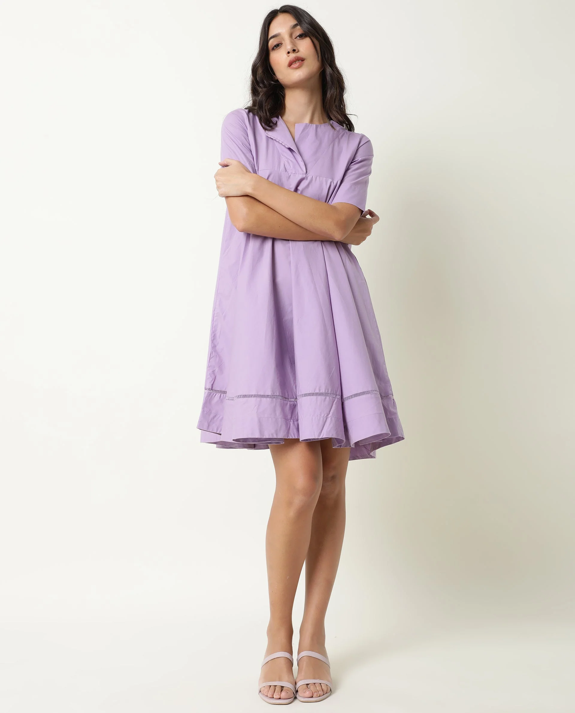 Rareism Women's Scream Purple Cotton Sweetheart Neck Plain Knee Length Flared Dress - Image 6
