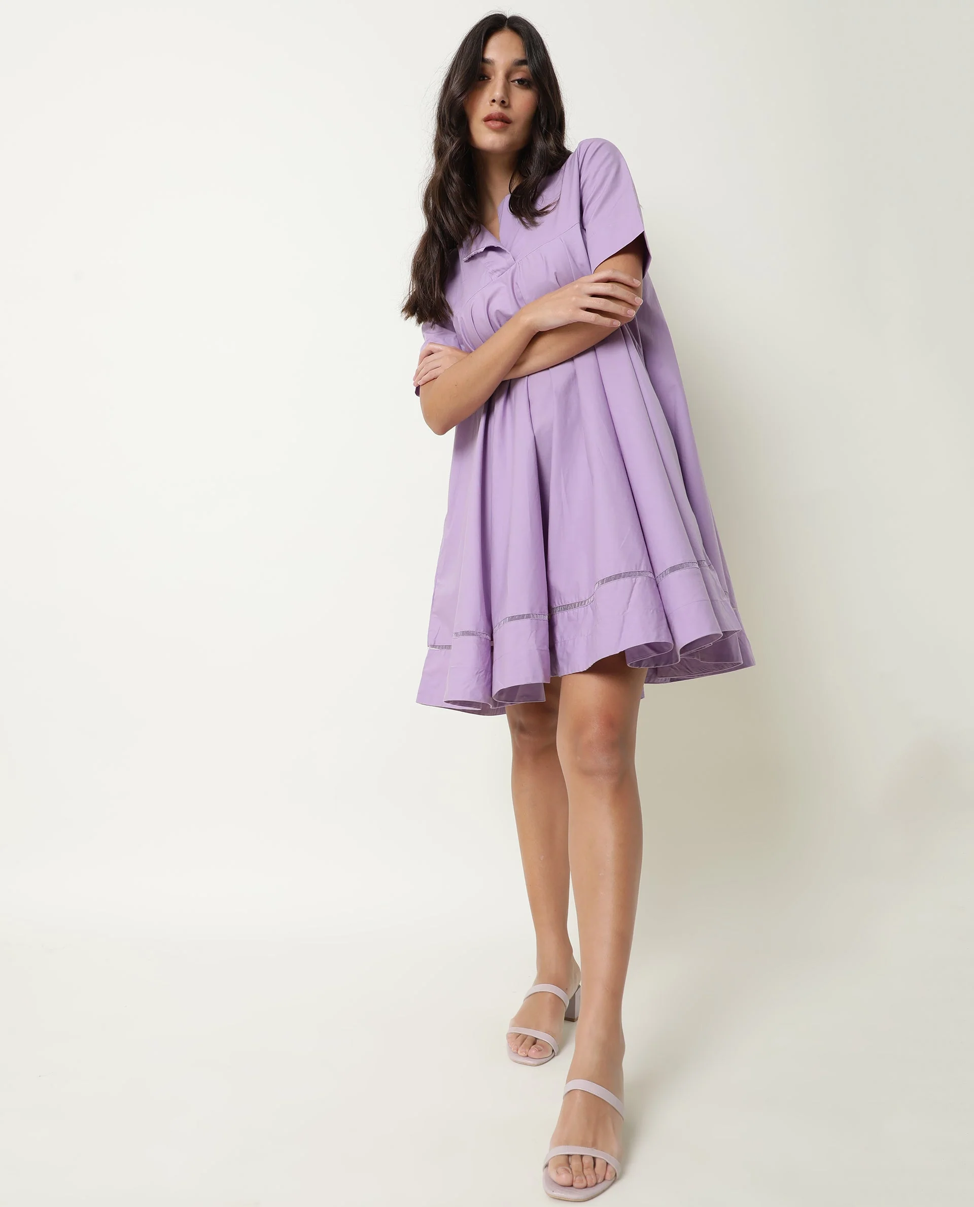 Rareism Women's Scream Purple Cotton Sweetheart Neck Plain Knee Length Flared Dress - Image 8