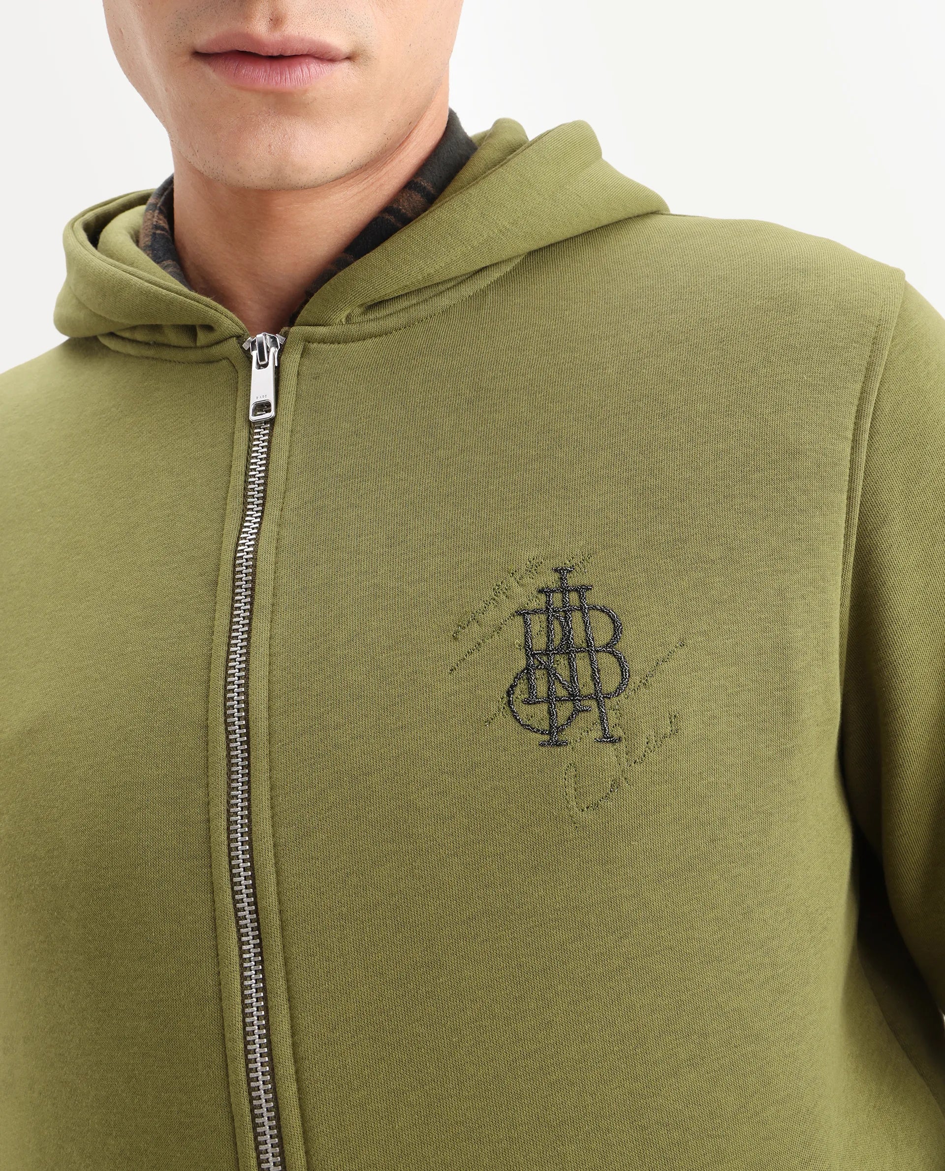 Rare Rabbit Men's Scribble Olive Cotton Embroidered Regular Fit Full Sleeve Hooded Sweatshirt - Image 3