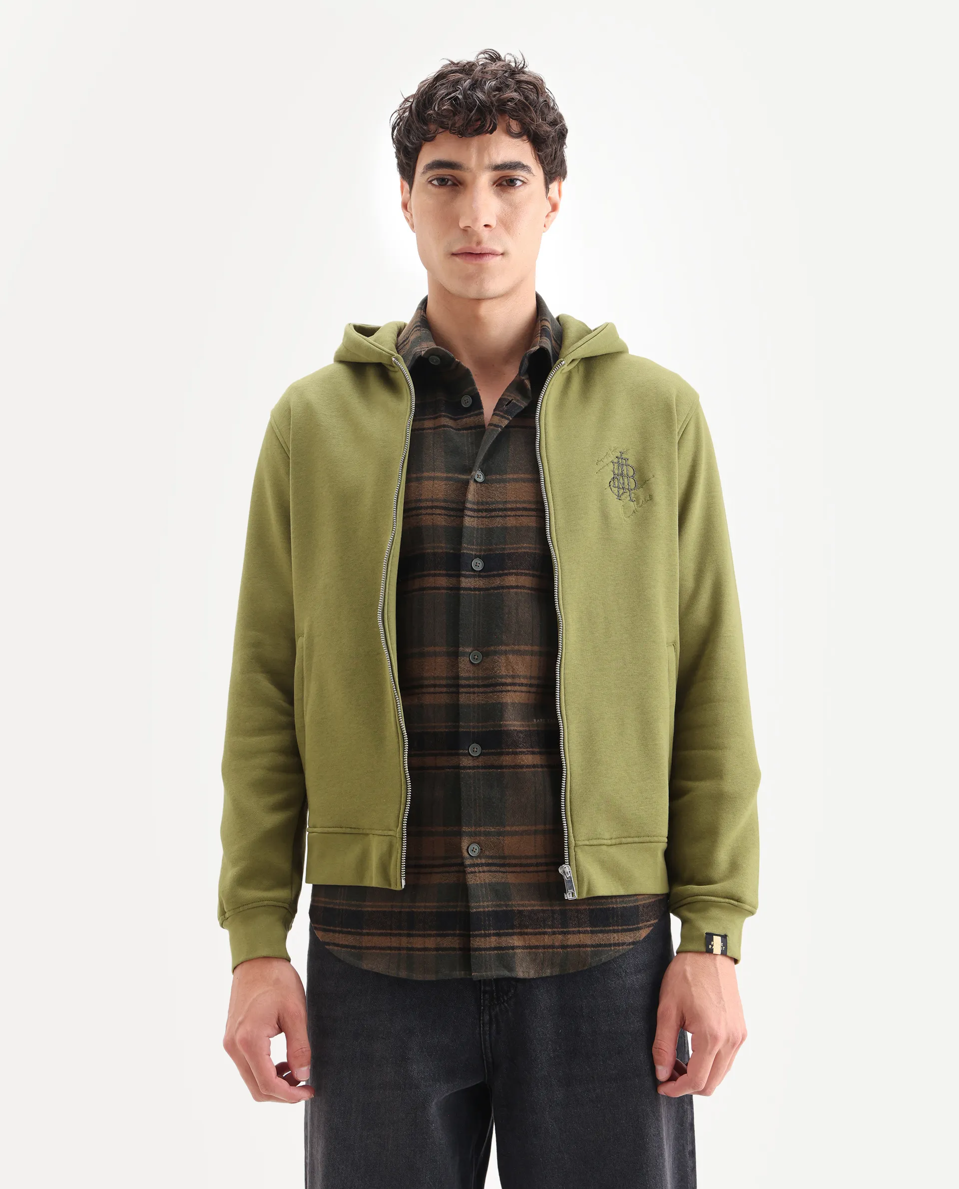 Rare Rabbit Men's Scribble Olive Cotton Embroidered Regular Fit Full Sleeve Hooded Sweatshirt - Image 4
