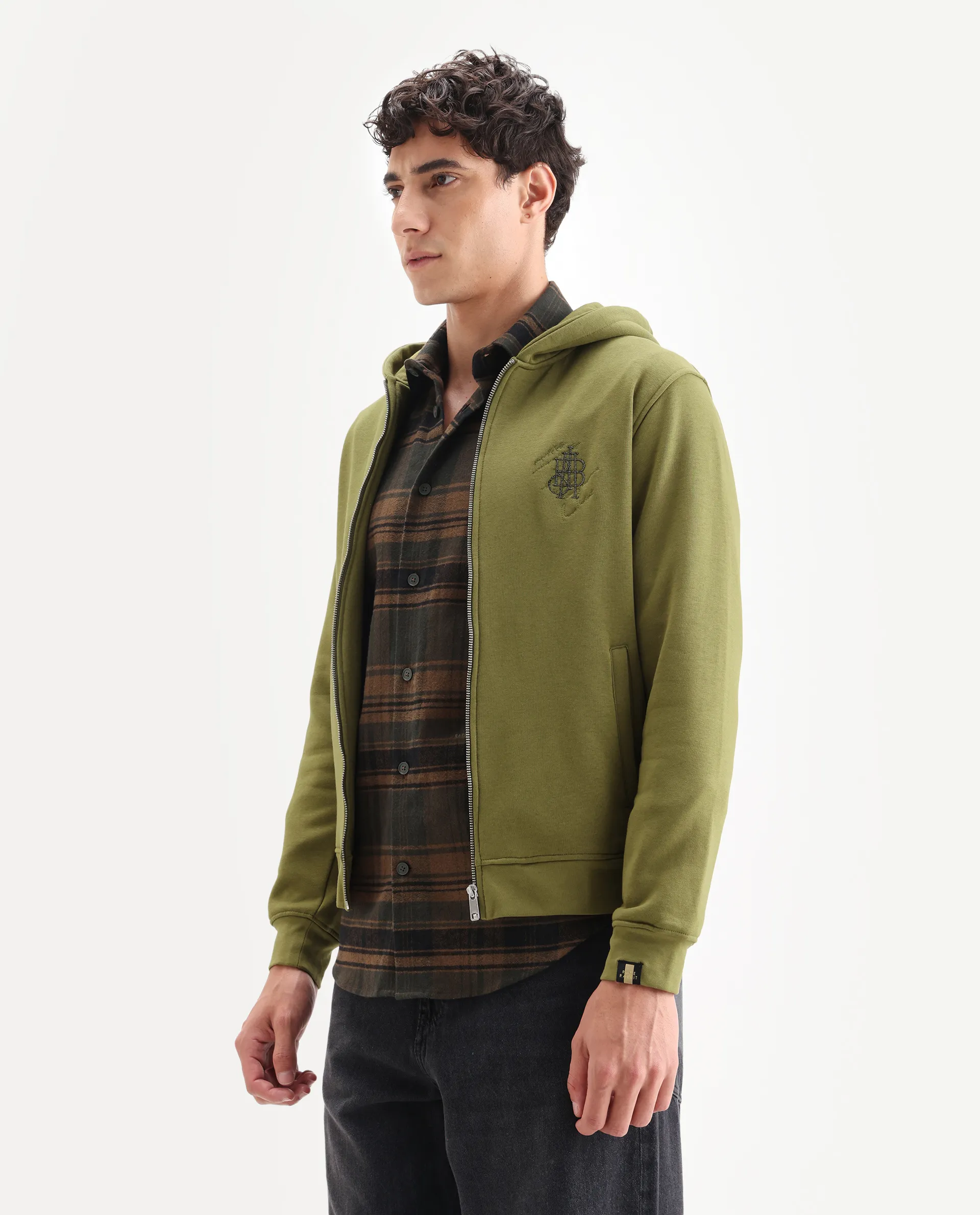 Rare Rabbit Men's Scribble Olive Cotton Embroidered Regular Fit Full Sleeve Hooded Sweatshirt - Image 5