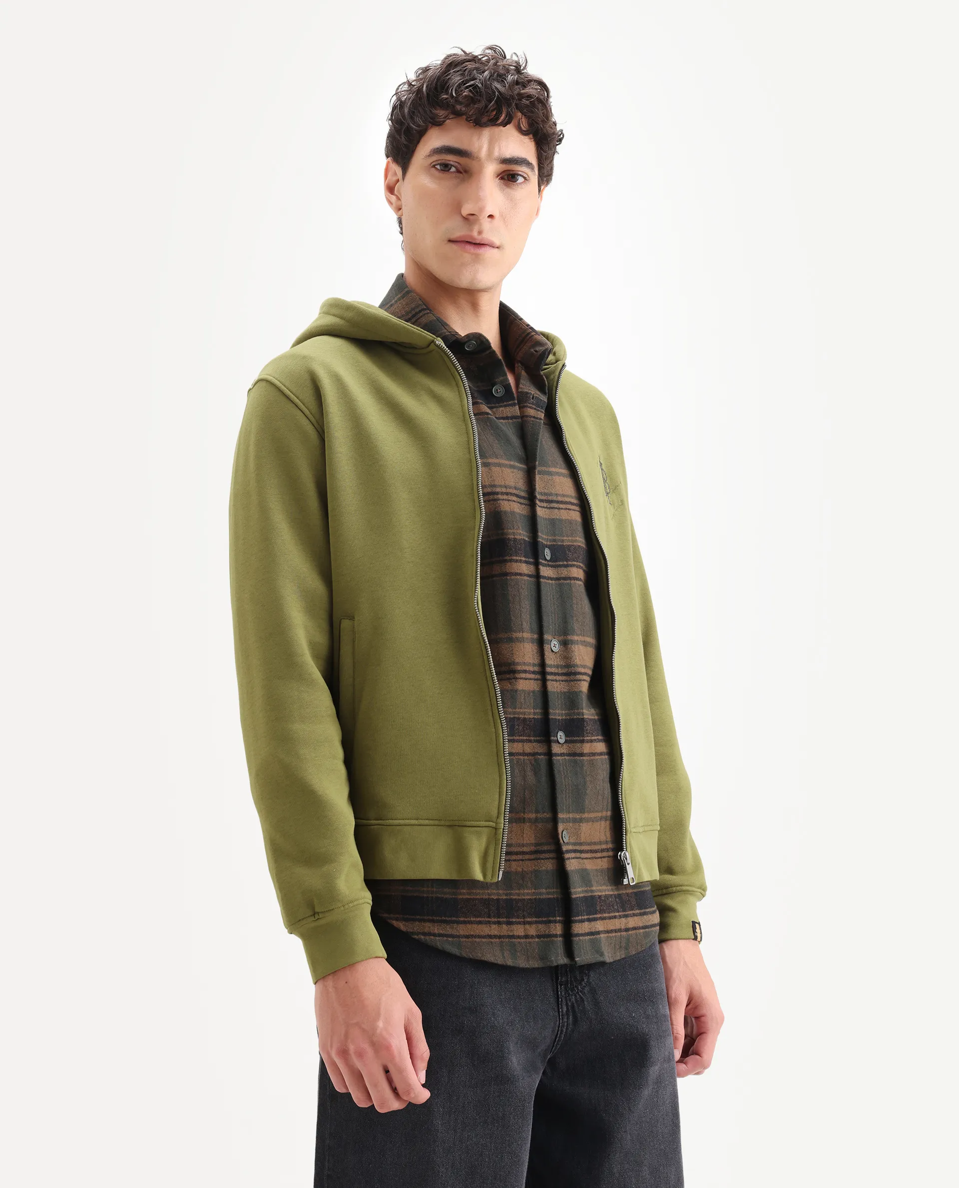 Rare Rabbit Men's Scribble Olive Cotton Embroidered Regular Fit Full Sleeve Hooded Sweatshirt - Image 6