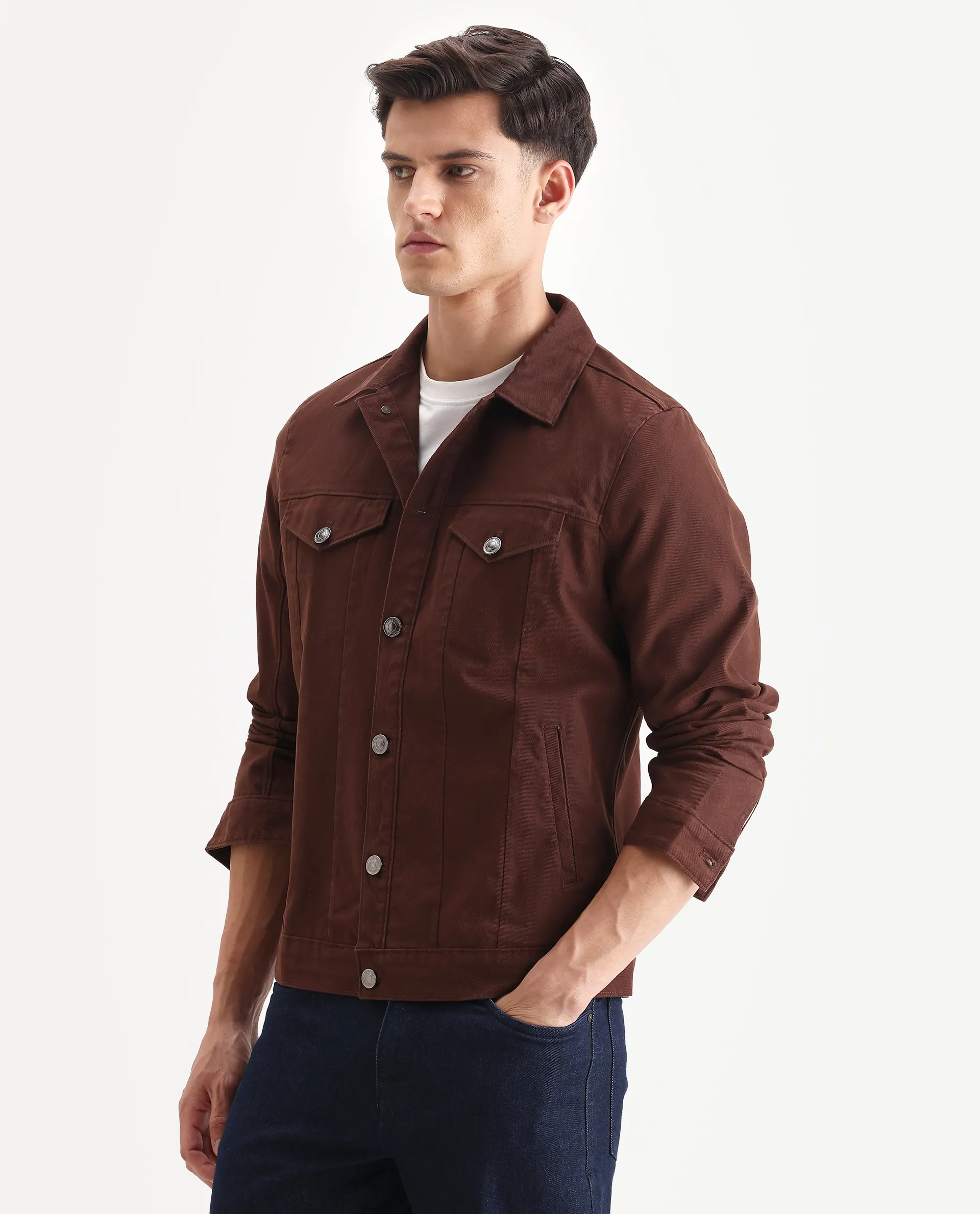 Rare Rabbit Men's Scut Brown Cotton Blend Fabric Collared Neck Relaxed Fit Plain Jacket - Image 5