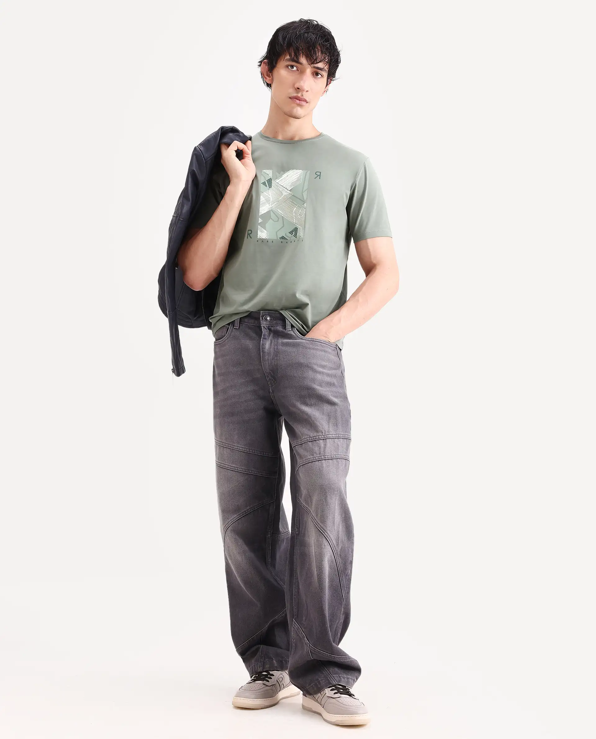 Rare Rabbit Men's Sea Dusky Olive Cotton Blend Fabric Half Sleeve Crew Neck Regular Fit Graphic Print T-Shirt - Image 2