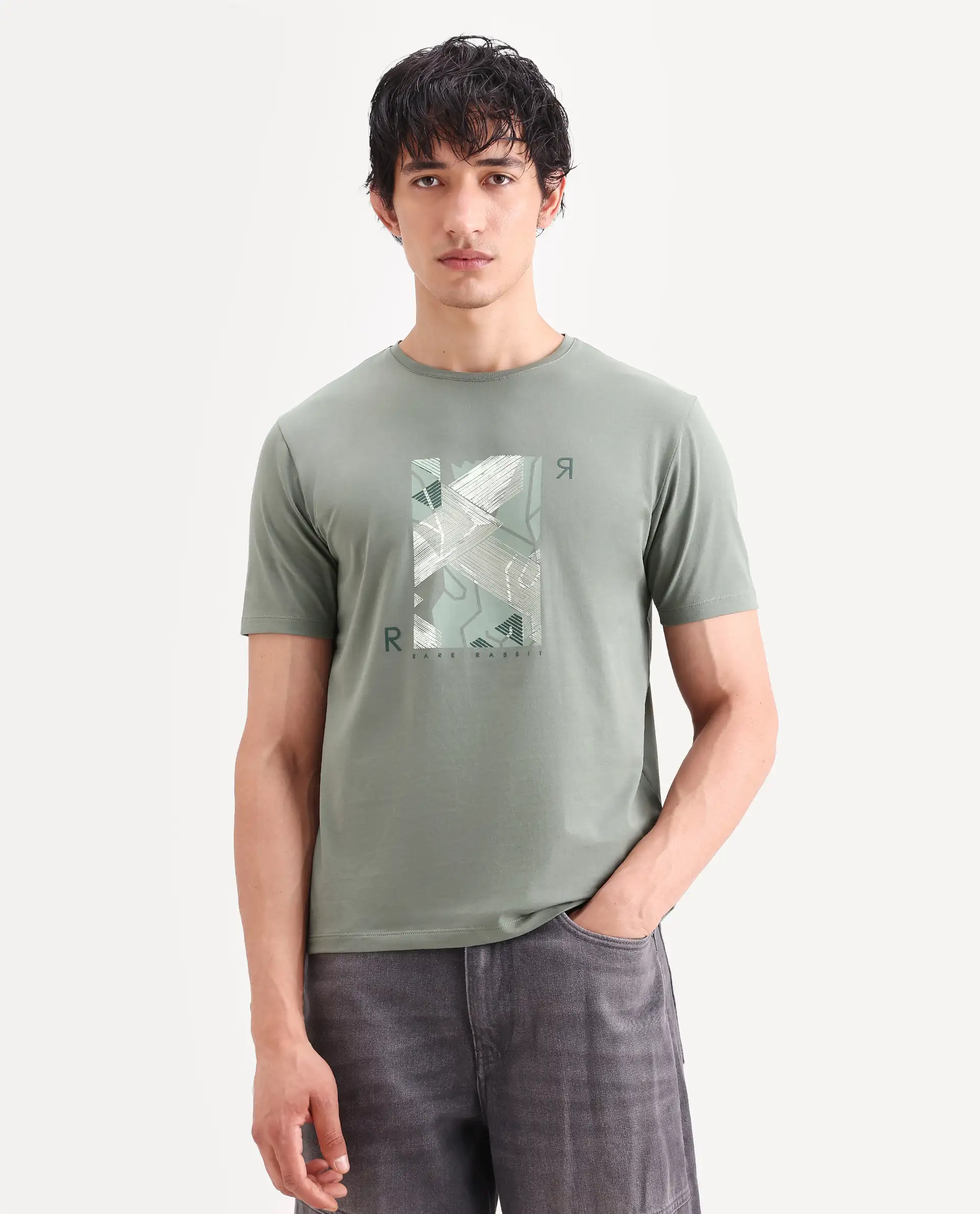 Rare Rabbit Men's Sea Dusky Olive Cotton Blend Fabric Half Sleeve Crew Neck Regular Fit Graphic Print T-Shirt - Image 3