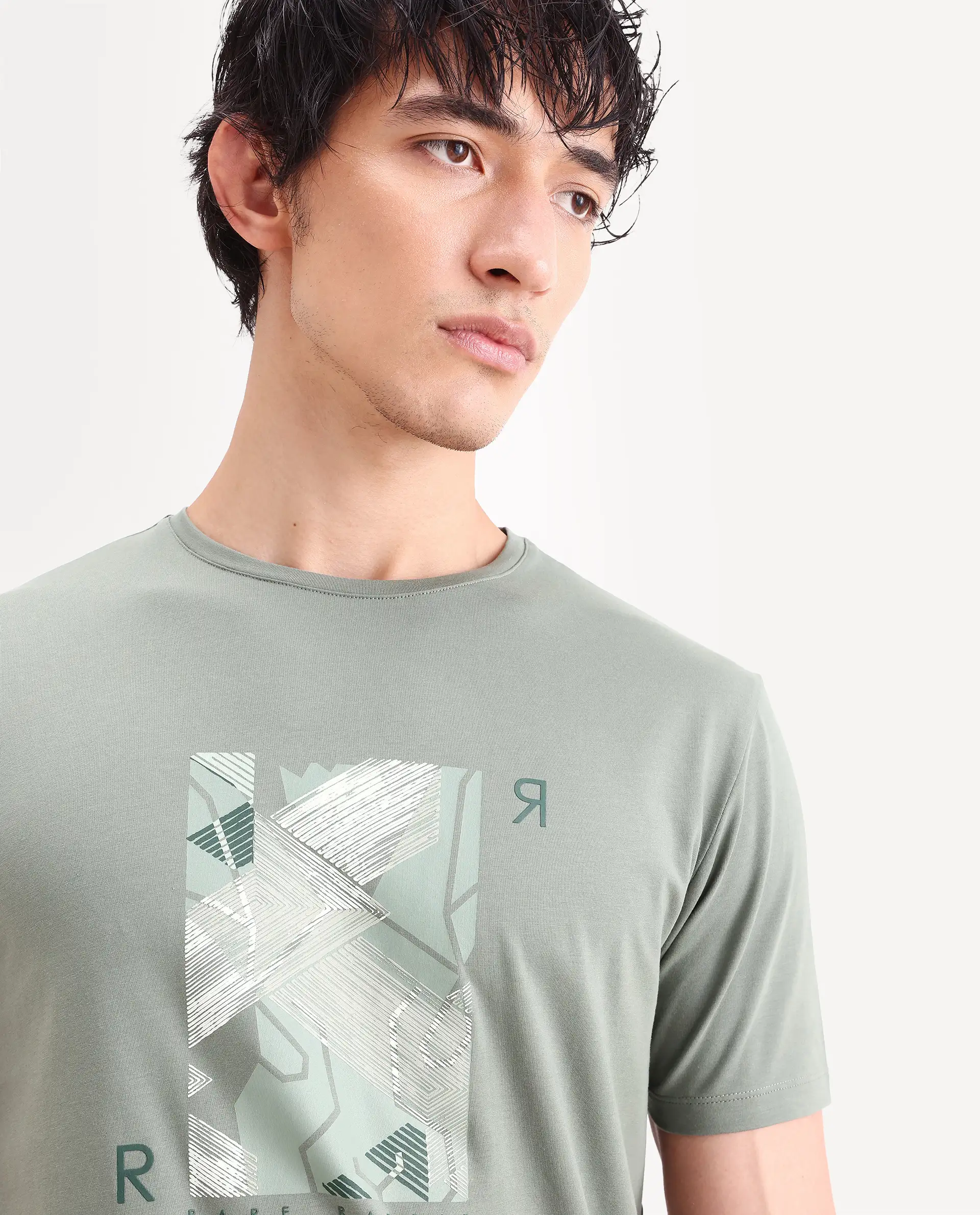 Rare Rabbit Men's Sea Dusky Olive Cotton Blend Fabric Half Sleeve Crew Neck Regular Fit Graphic Print T-Shirt - Image 4