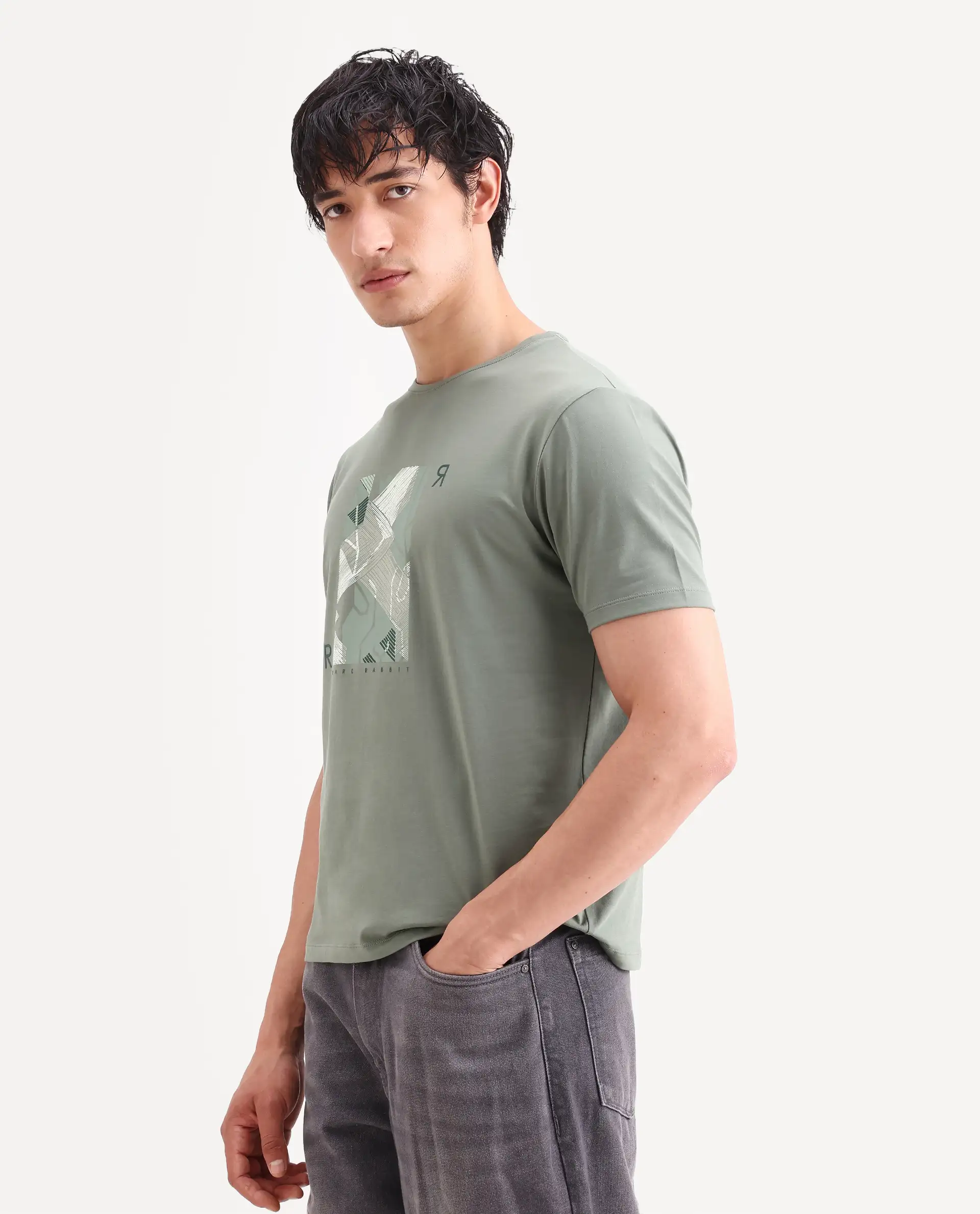 Rare Rabbit Men's Sea Dusky Olive Cotton Blend Fabric Half Sleeve Crew Neck Regular Fit Graphic Print T-Shirt - Image 5