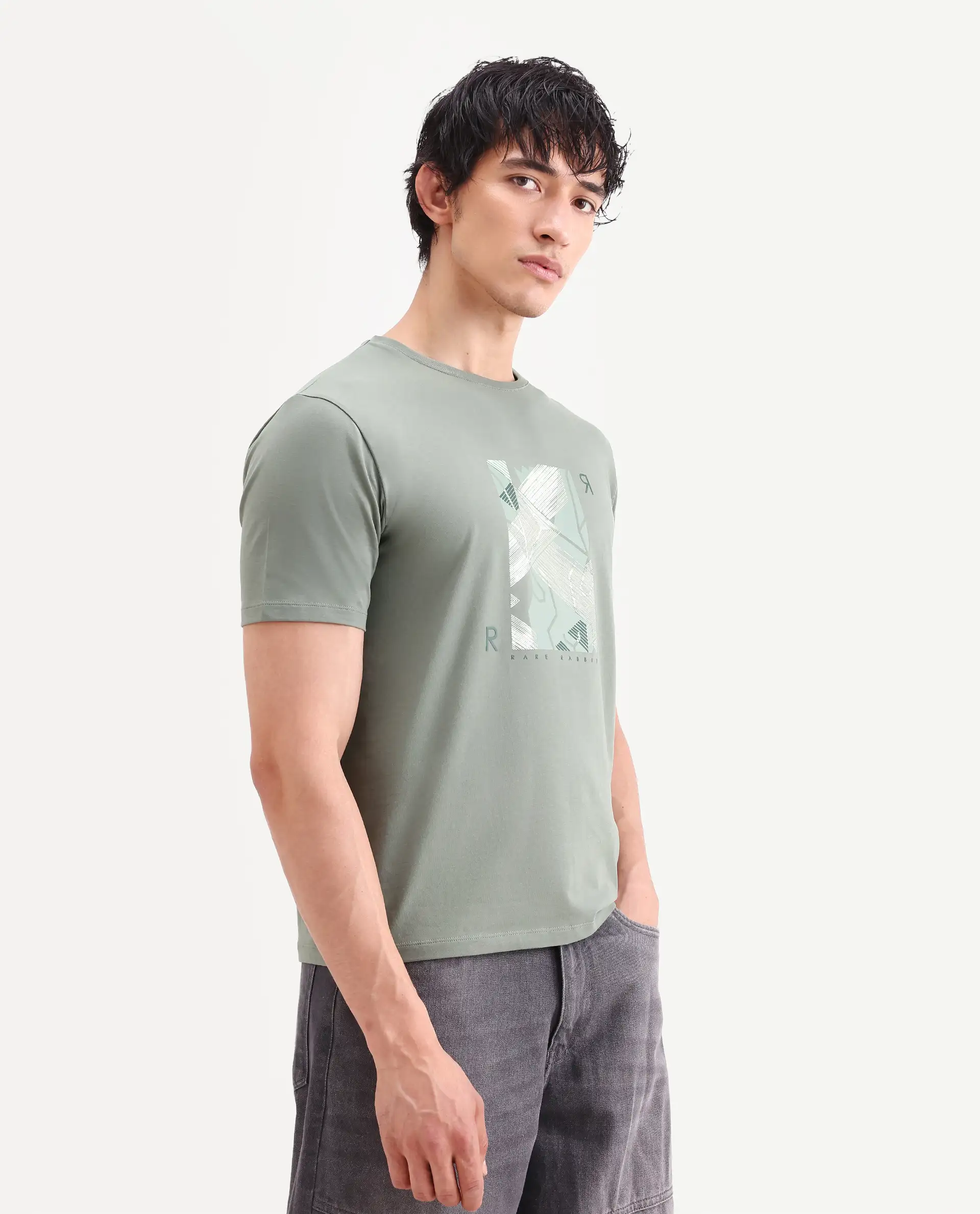 Rare Rabbit Men's Sea Dusky Olive Cotton Blend Fabric Half Sleeve Crew Neck Regular Fit Graphic Print T-Shirt - Image 6