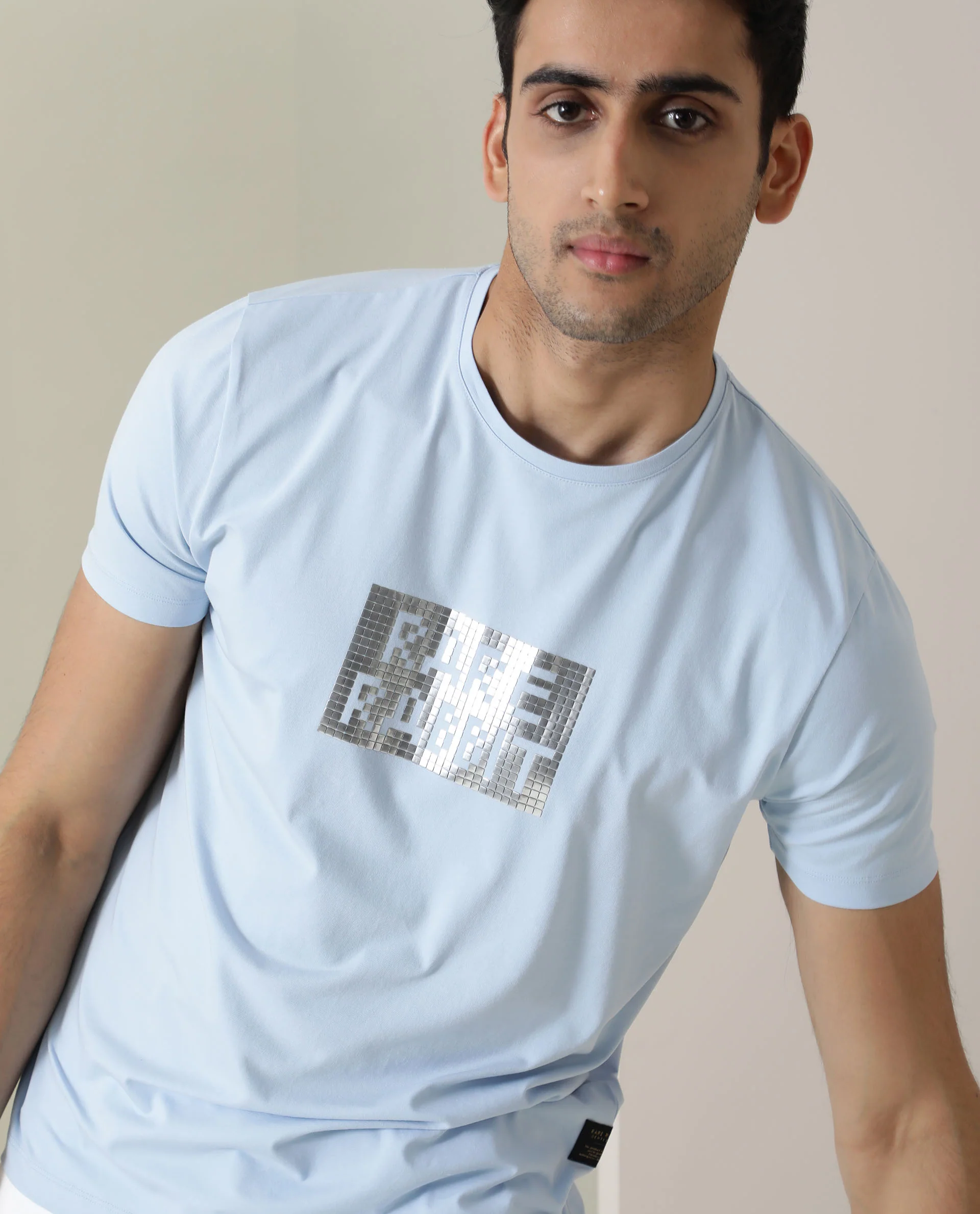 Rare Rabbit Men's Seal Pastel Blue Cotton Graphic Print Slim Fit Half Sleeve Crew Neck T-Shirt
