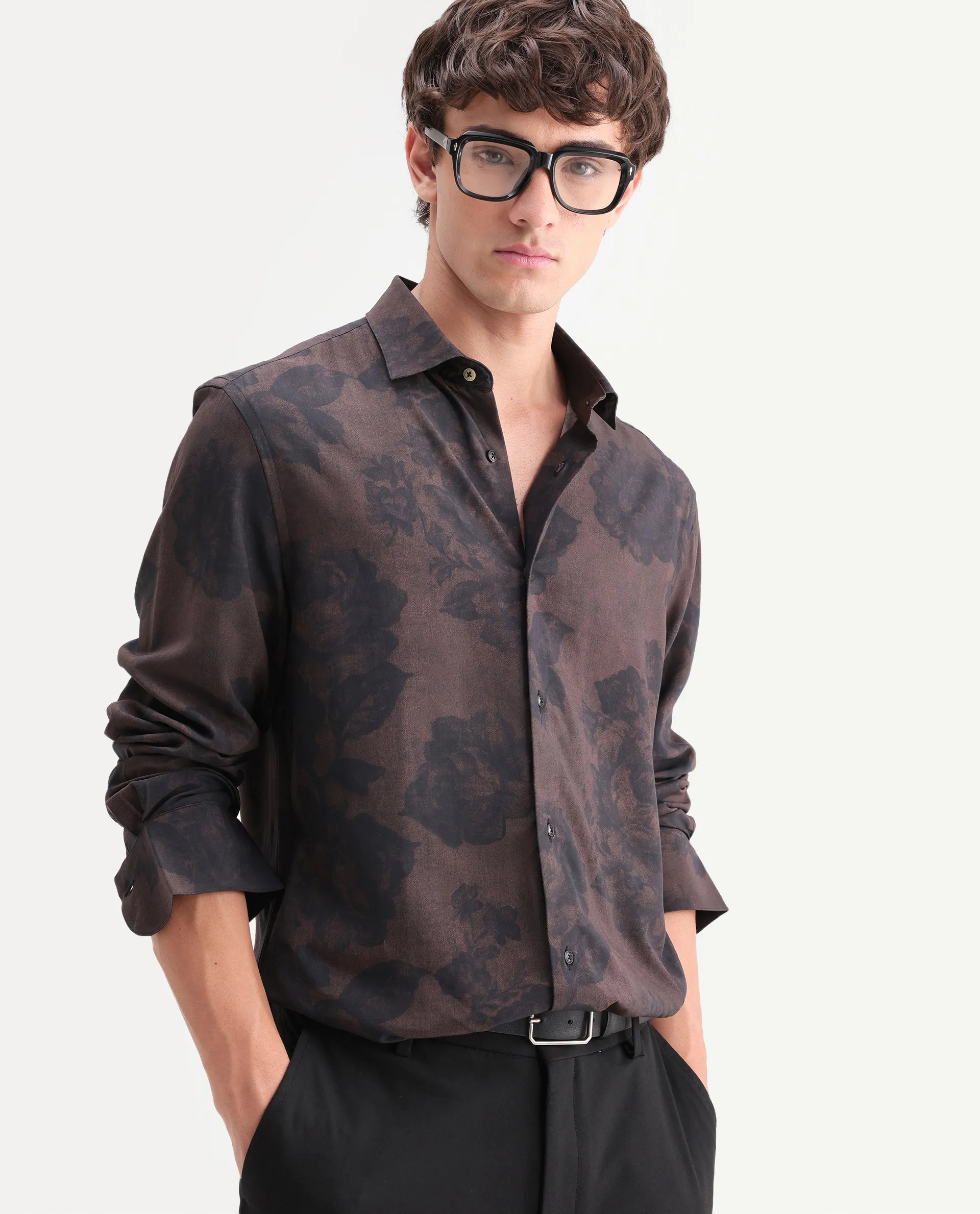 Rare Rabbit Men's Seano Black Viscose Fabric Full Sleeve Spread Collar Regular Floral Print Shirt