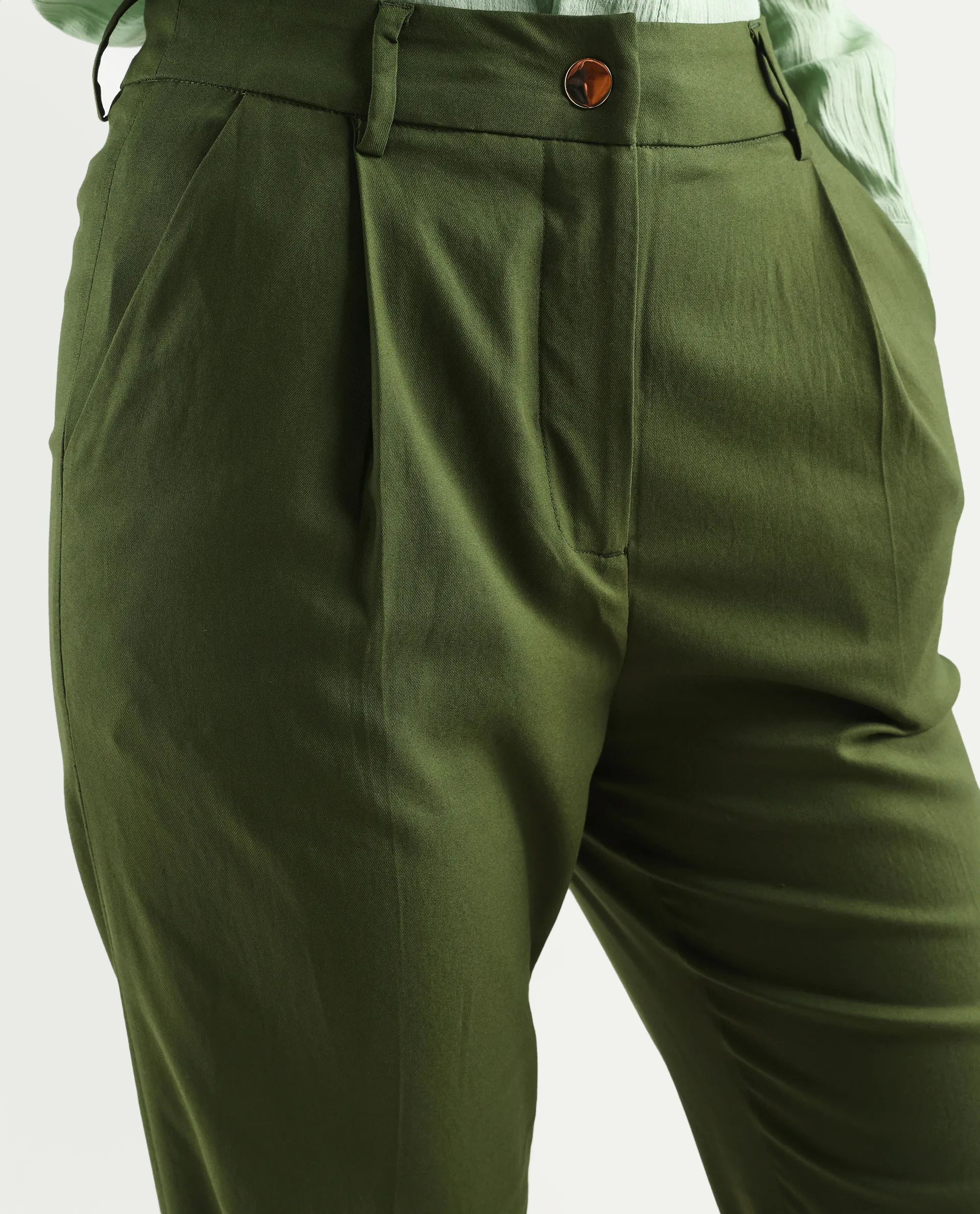 Rareism Women's Seanpo Olive Polyester Plain Ankle Length Wide Trouser - Image 4