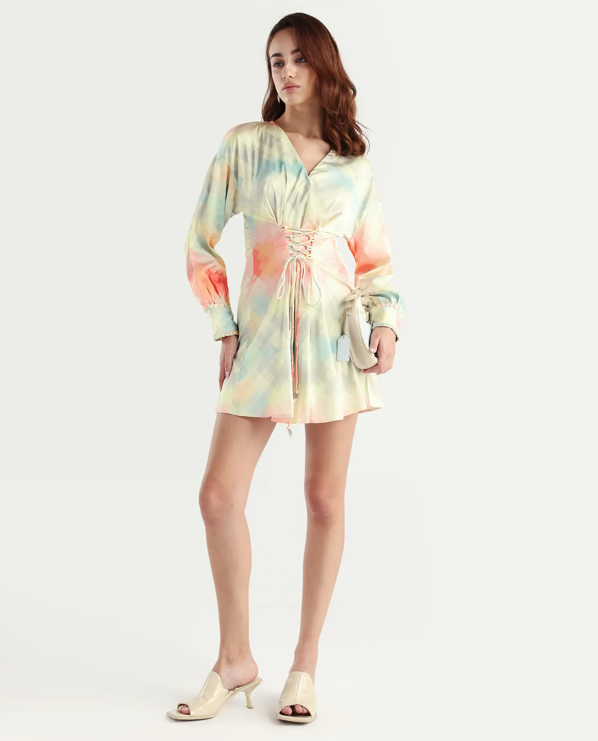 Rareism Women's Seattle Off White Modal Blend V-Neck Geometric Print Ruffled Sleeve Mini Regular Fit Dress - Image 2