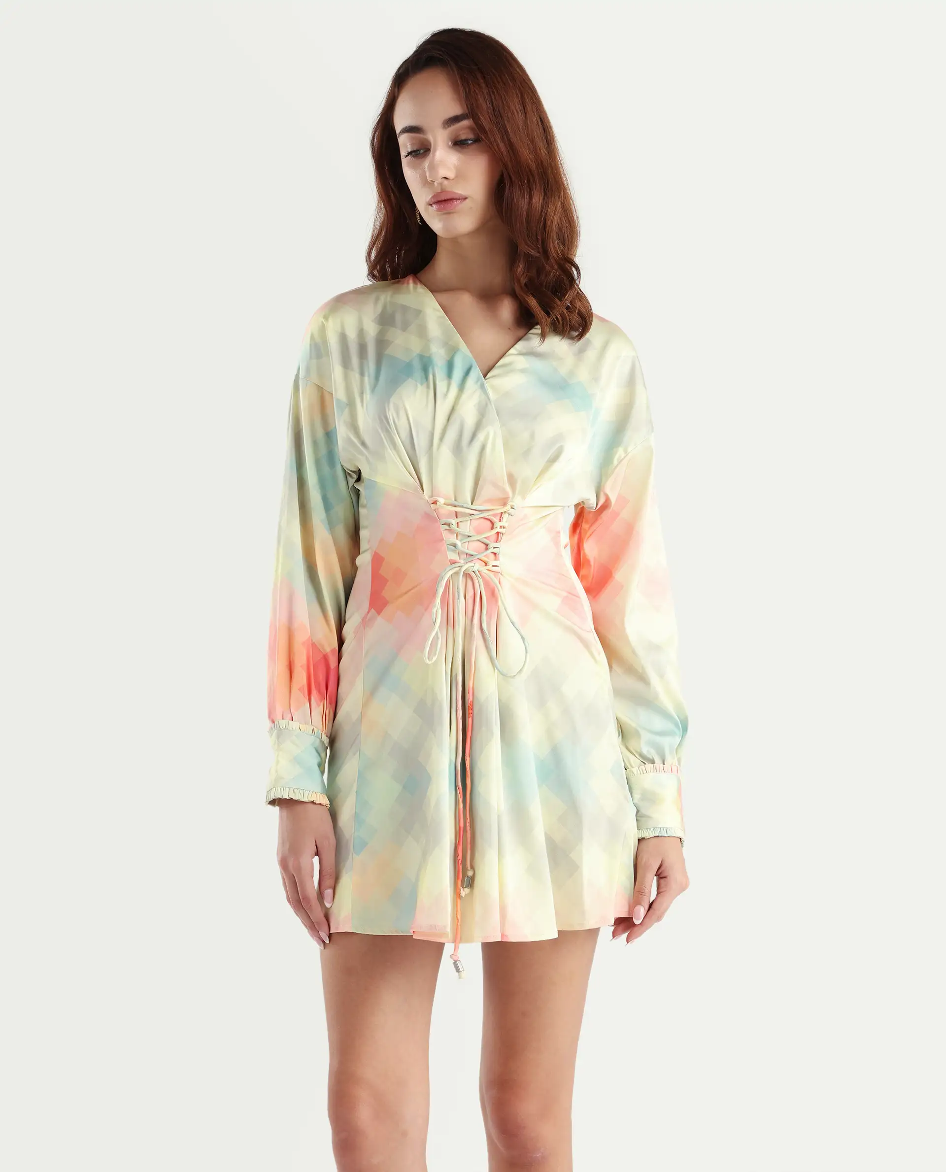 Rareism Women's Seattle Off White Modal Blend V-Neck Geometric Print Ruffled Sleeve Mini Regular Fit Dress - Image 3