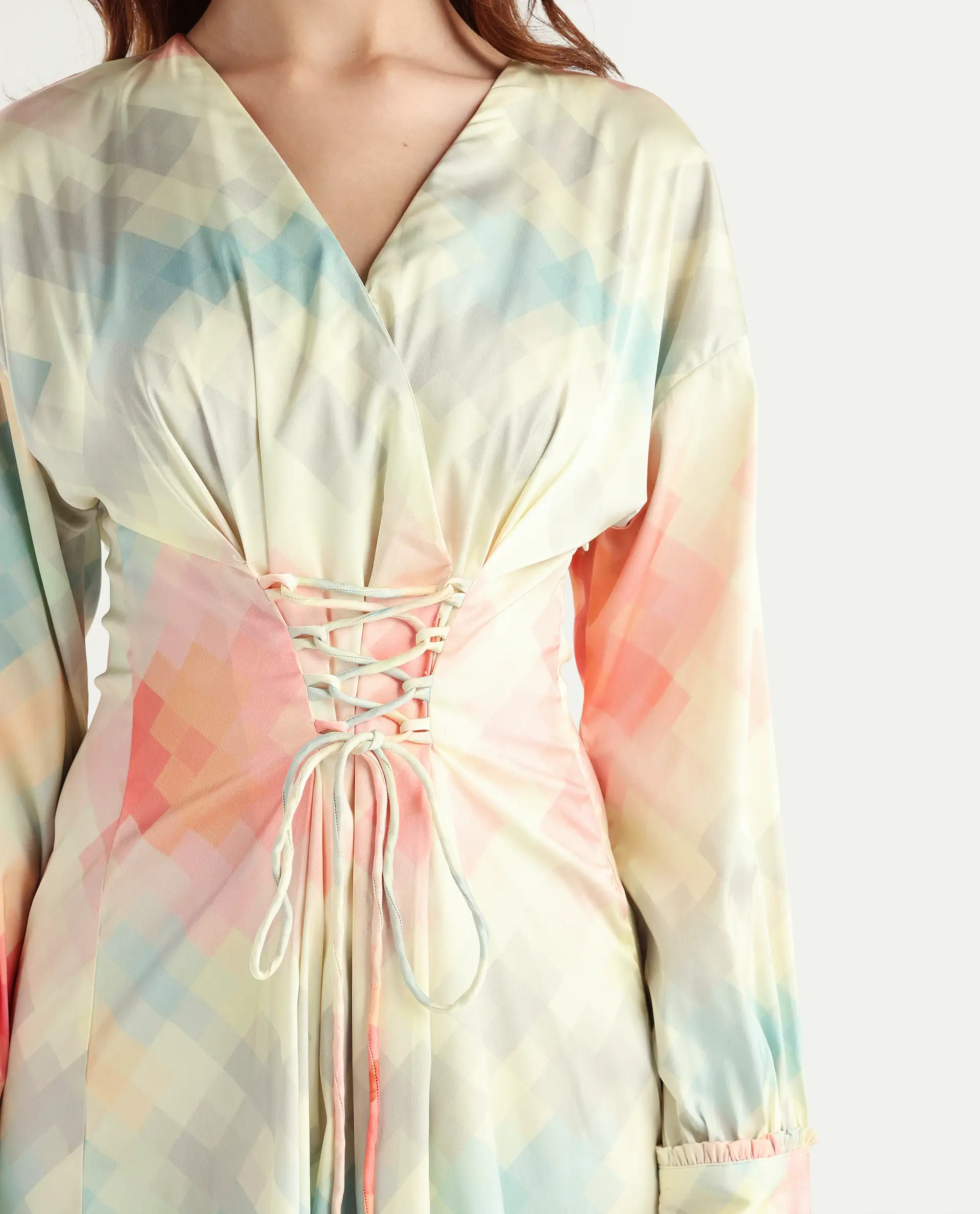 Rareism Women's Seattle Off White Modal Blend V-Neck Geometric Print Ruffled Sleeve Mini Regular Fit Dress - Image 4