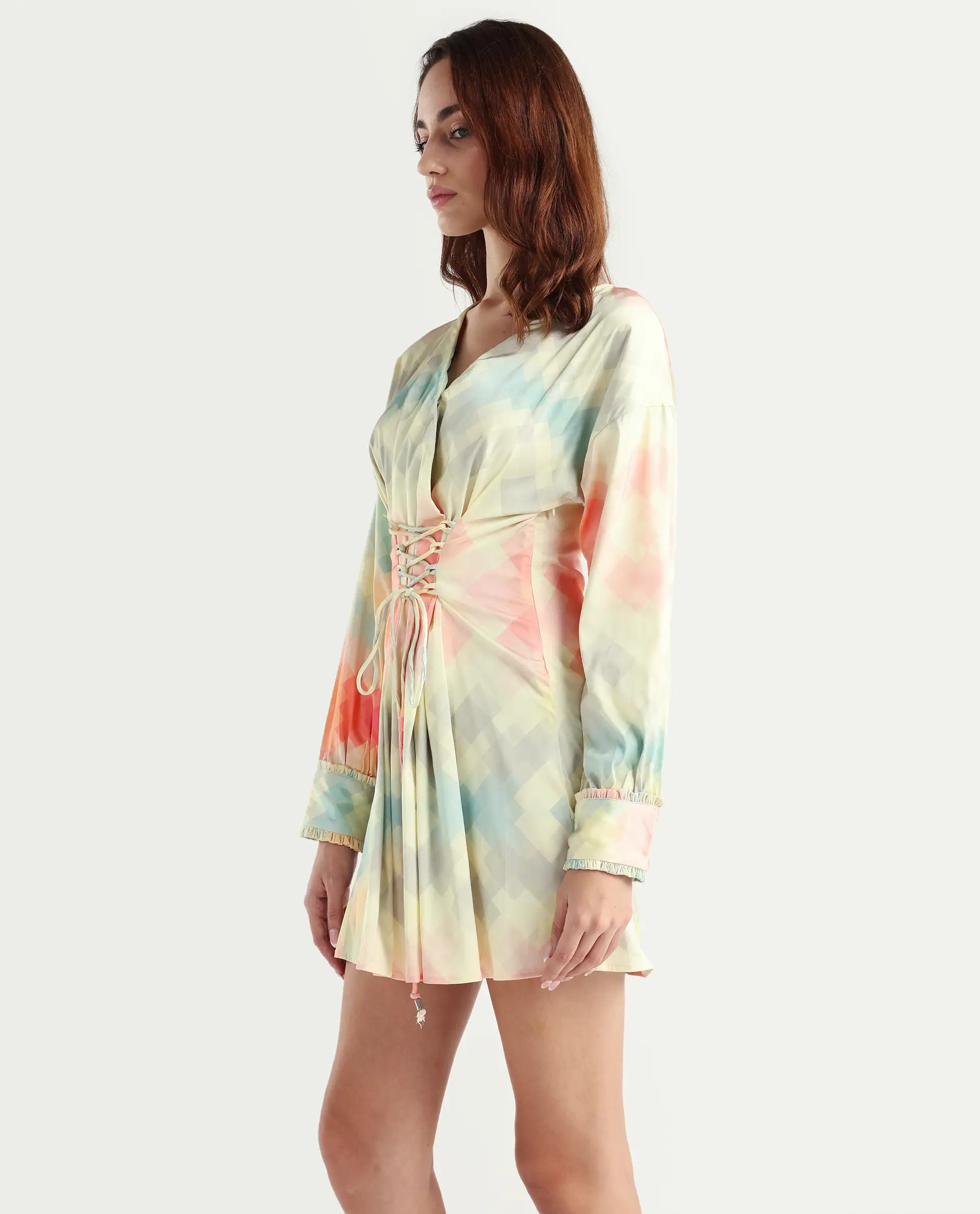 Rareism Women's Seattle Off White Modal Blend V-Neck Geometric Print Ruffled Sleeve Mini Regular Fit Dress - Image 5