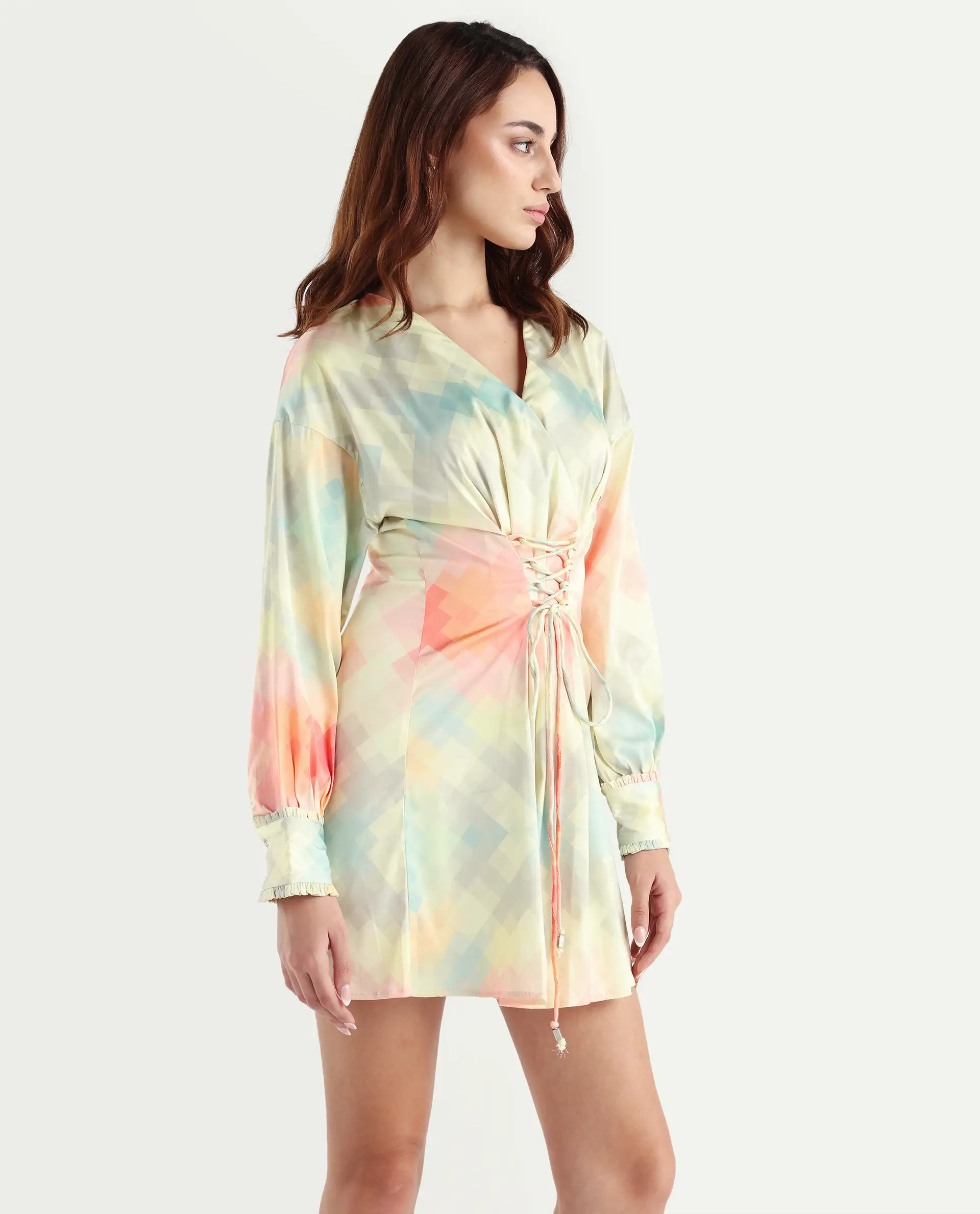 Rareism Women's Seattle Off White Modal Blend V-Neck Geometric Print Ruffled Sleeve Mini Regular Fit Dress - Image 6