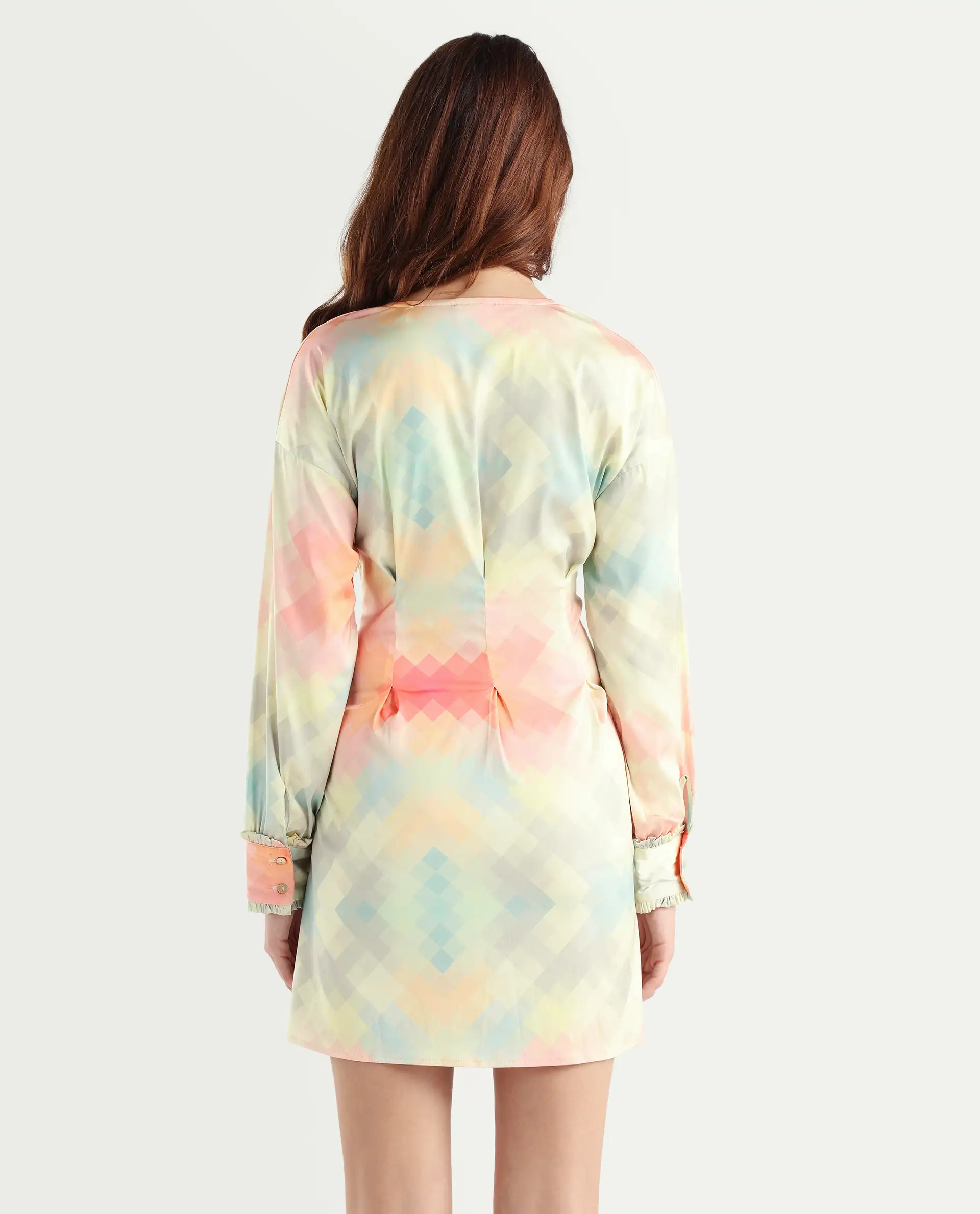 Rareism Women's Seattle Off White Modal Blend V-Neck Geometric Print Ruffled Sleeve Mini Regular Fit Dress - Image 7