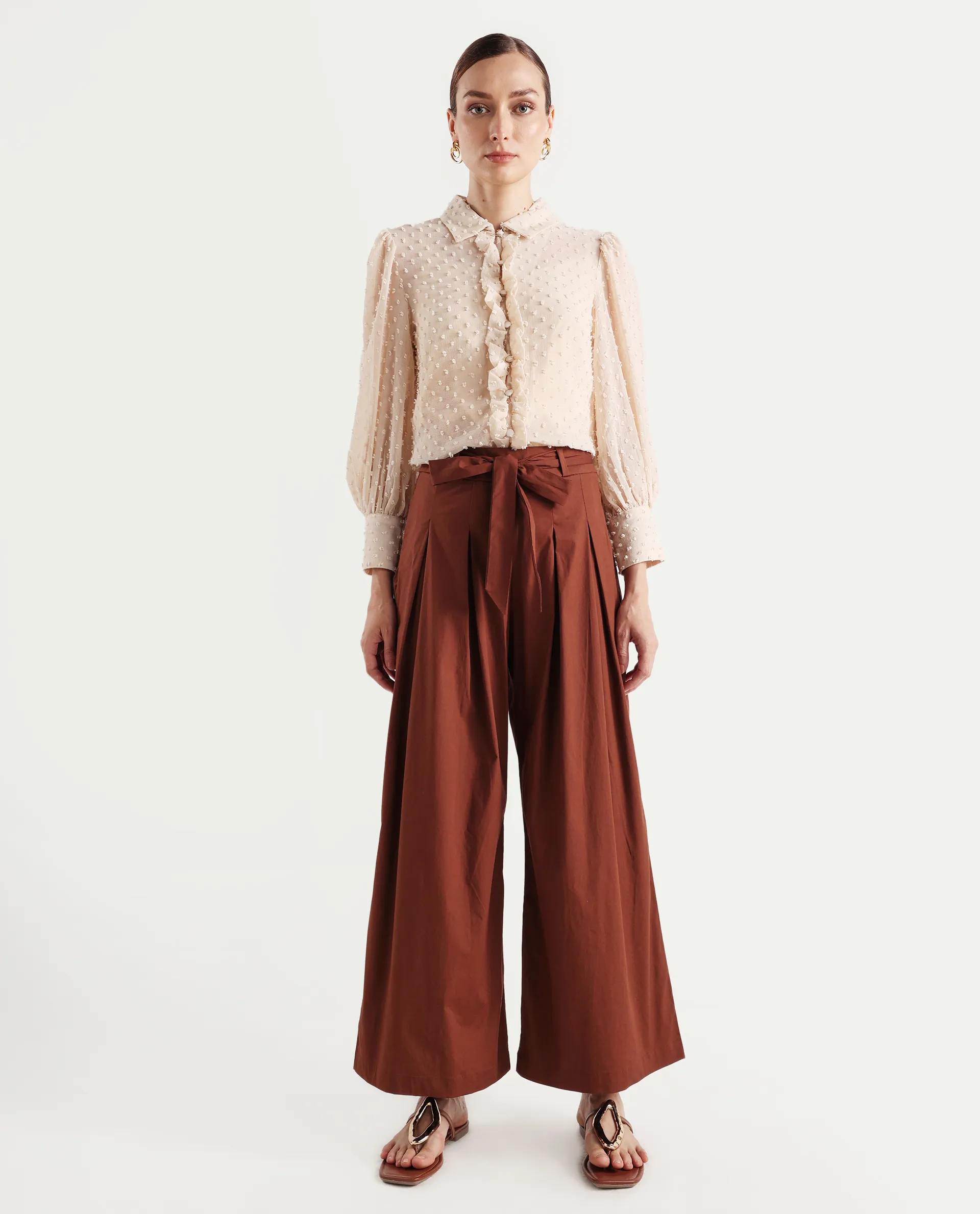 Rareism Women's Sebern Brown Cotton Blend Plain Ankle Length Flared Trouser - Image 2